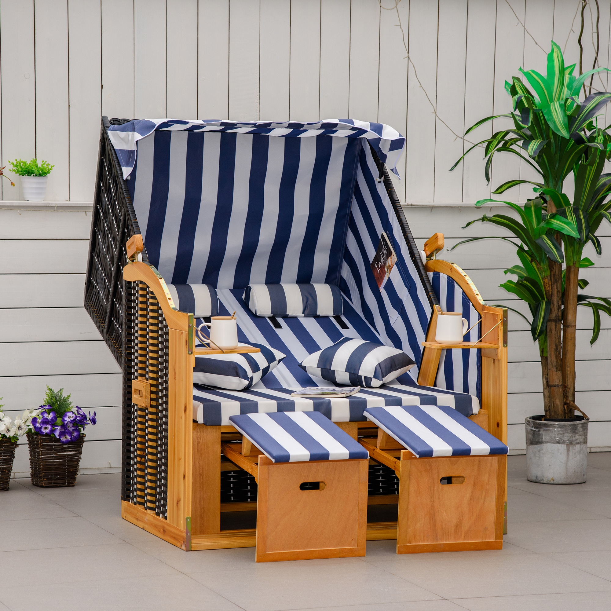 Strandkorb, doppelte Sonnenliege mit Dach, inkl. 1Klapptisch, Blau