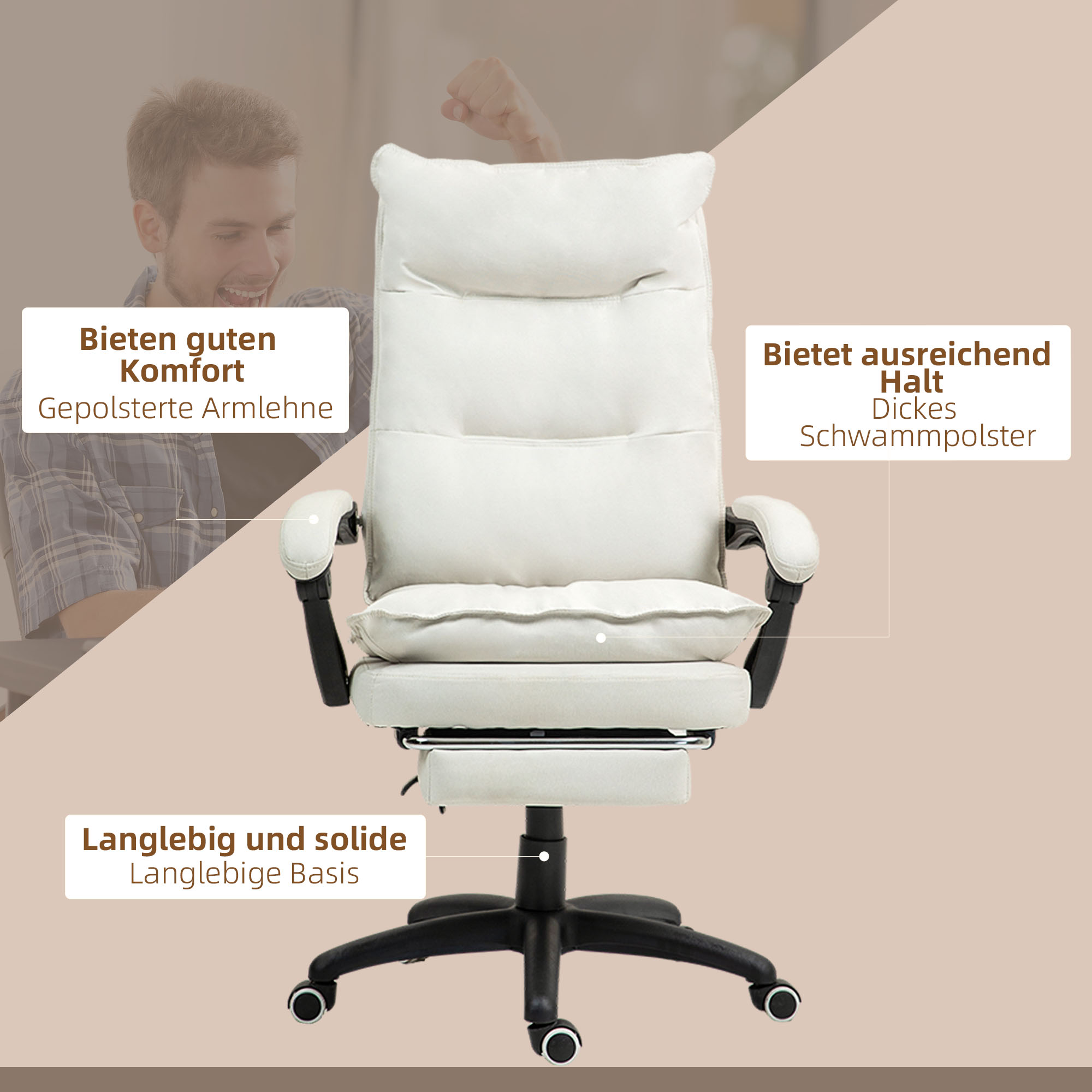 Massage-Bürostuhl, Schreibtischsessel mit Massagefunktion, höhenverstellbarer, ergonomischer Drehstuhl, Nylon, Cremeweiß