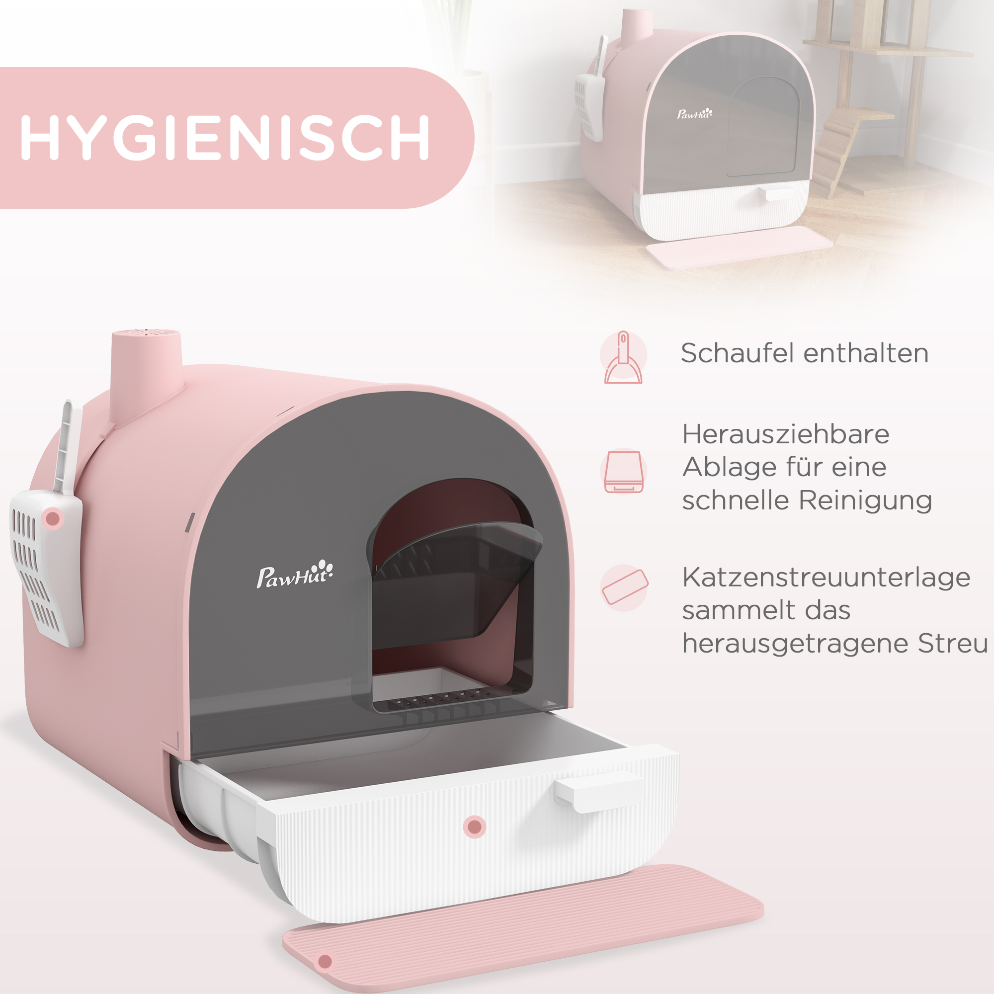Katzentoilette mit Deckel, Streuschaufel, Schmutzfangmatte, Kunststoff, Rosa/Schwarz
