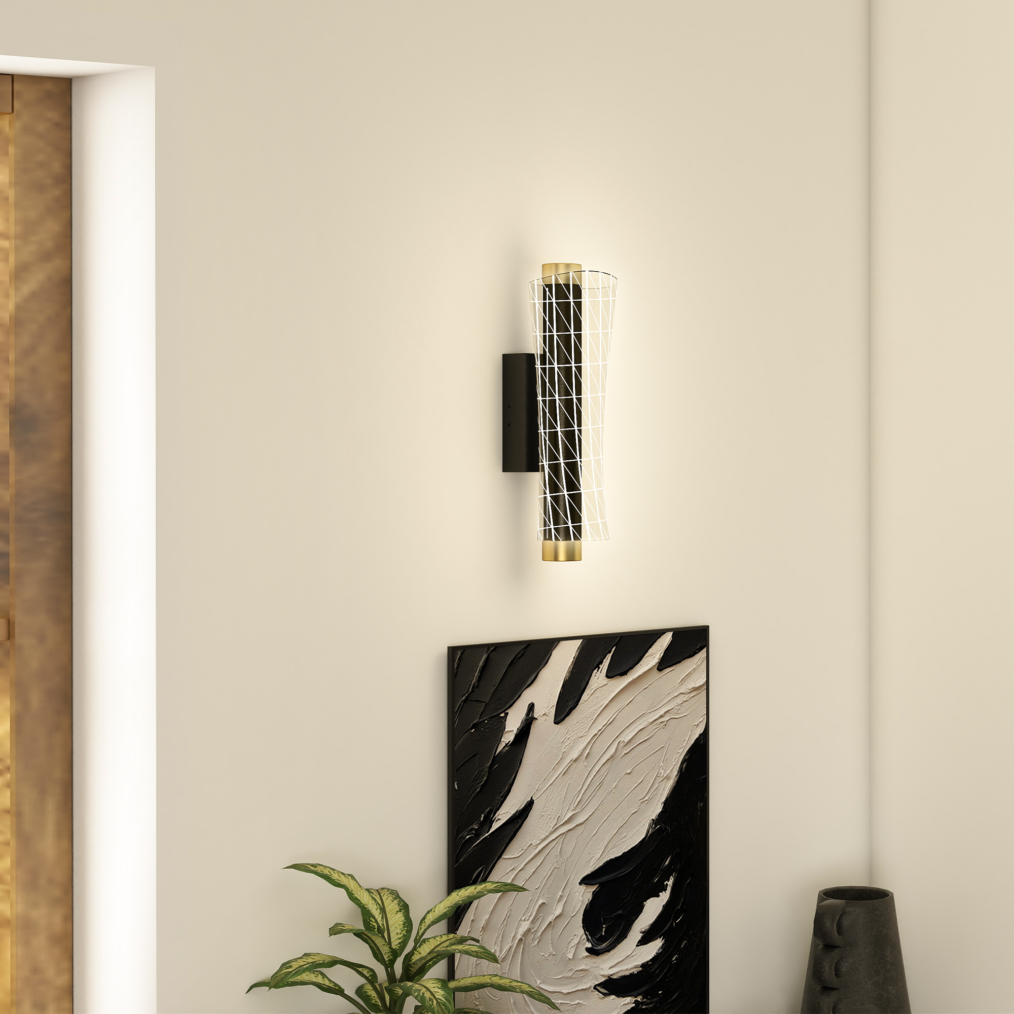 Wandleuchte Innen Wandlampe mit LED Lichte, Gitterdesign, Dimmbar Nachttischlampe Metall, Schwarz