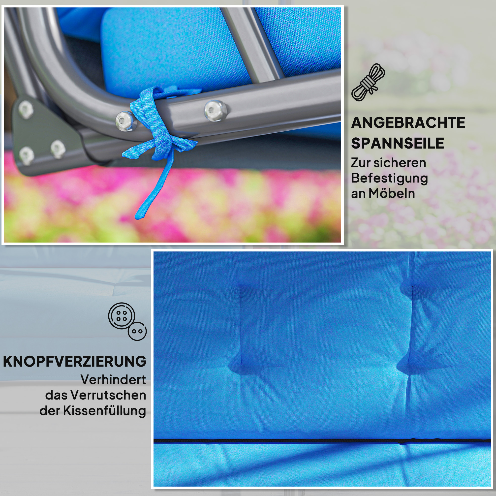 Auflagen-Set für Hollywoodschaukel 170 cm Stuhlkissen Schaukelauflage Sitzkissen Gartenschaukel Gartenpolster Rückenkissen Seitenkissen Blau