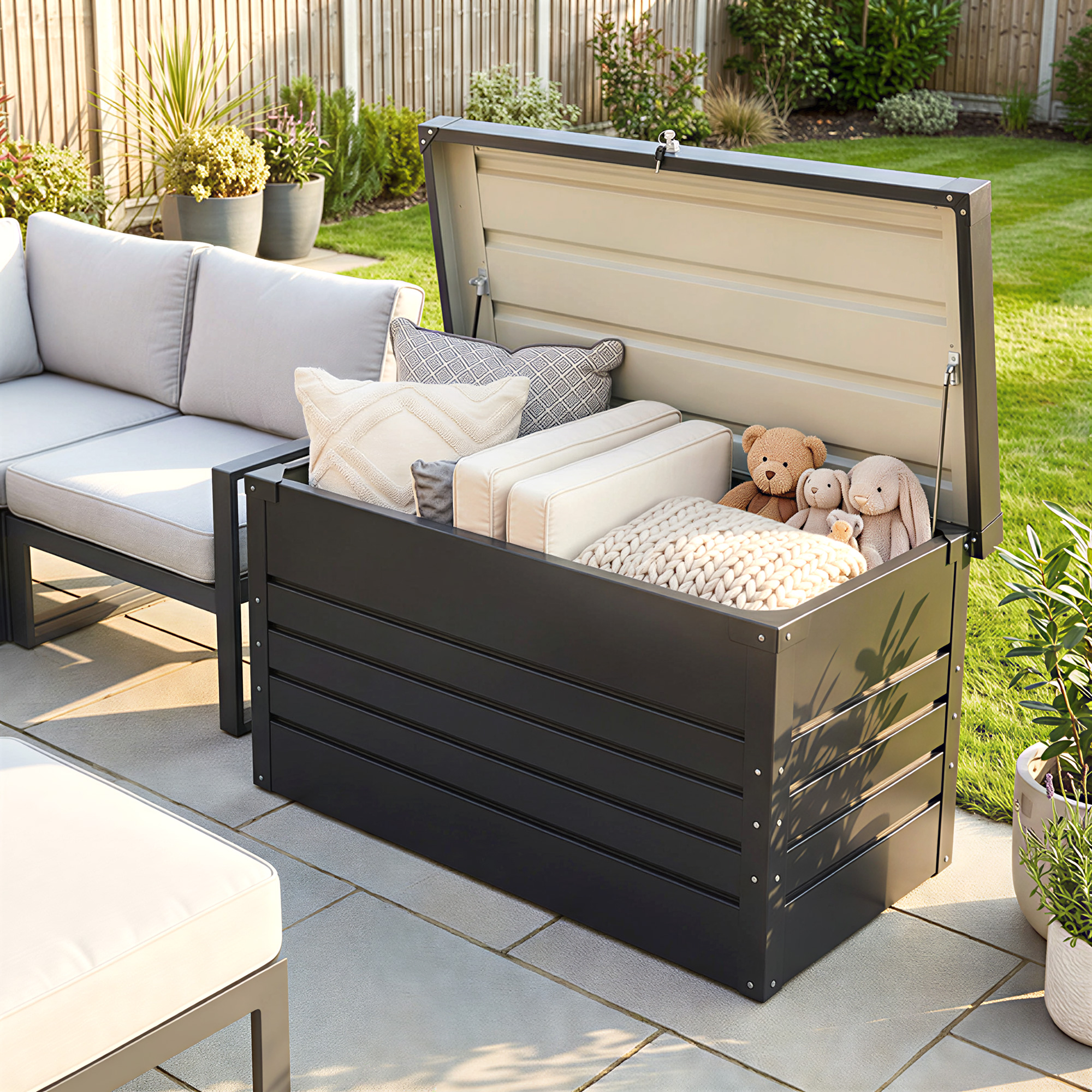 Gartenbox Metall 350L Kissenbox mit doppelwandig Deckel 120 x 61 x 62 cm Wasserdicht Abschließbar Grau