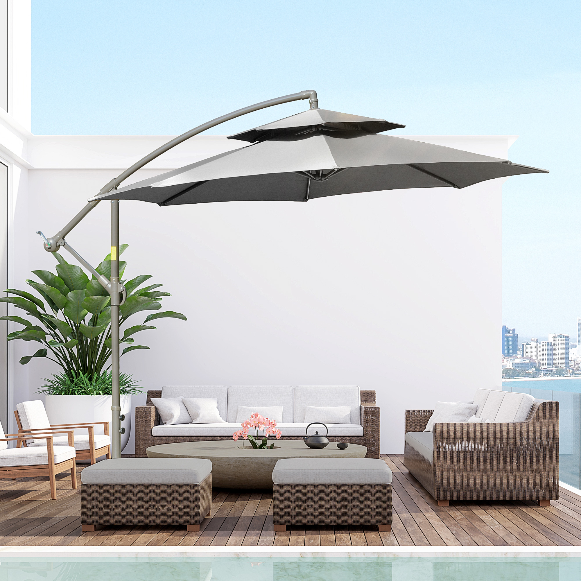 Sonnenschirm Ampelschirm Ø2,67 x 2,45 m Kurbelschirm mit Doppeldach Kreuzbasis Stahl Outdoor Sonnenschutz Polyester Stahl Hellgrau
