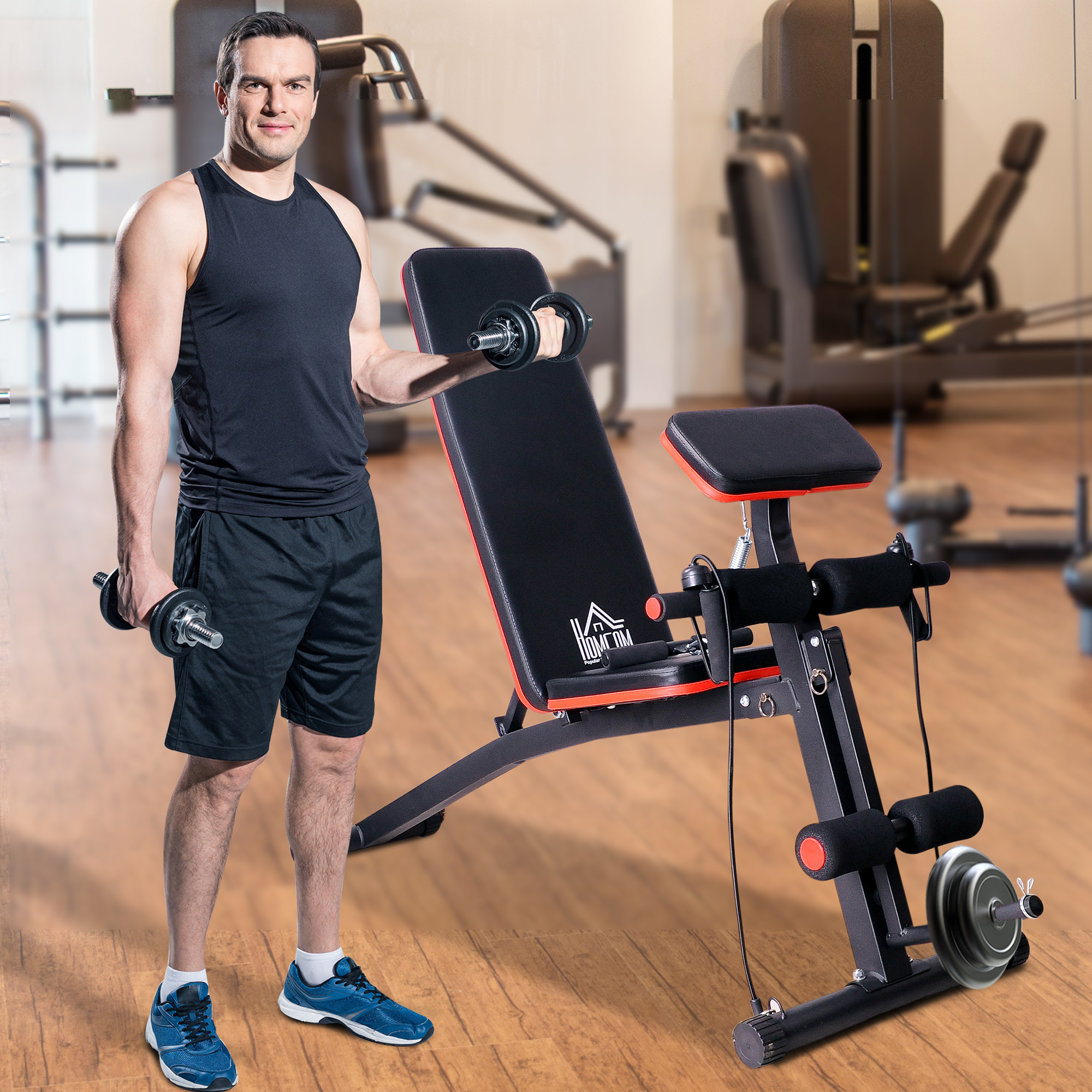 Multifunktion Hantelbank Kraftstation mit Feder Booster Trainingsbank Gewicht bis 120kg Schwarz 54 x 160 x 106 cm