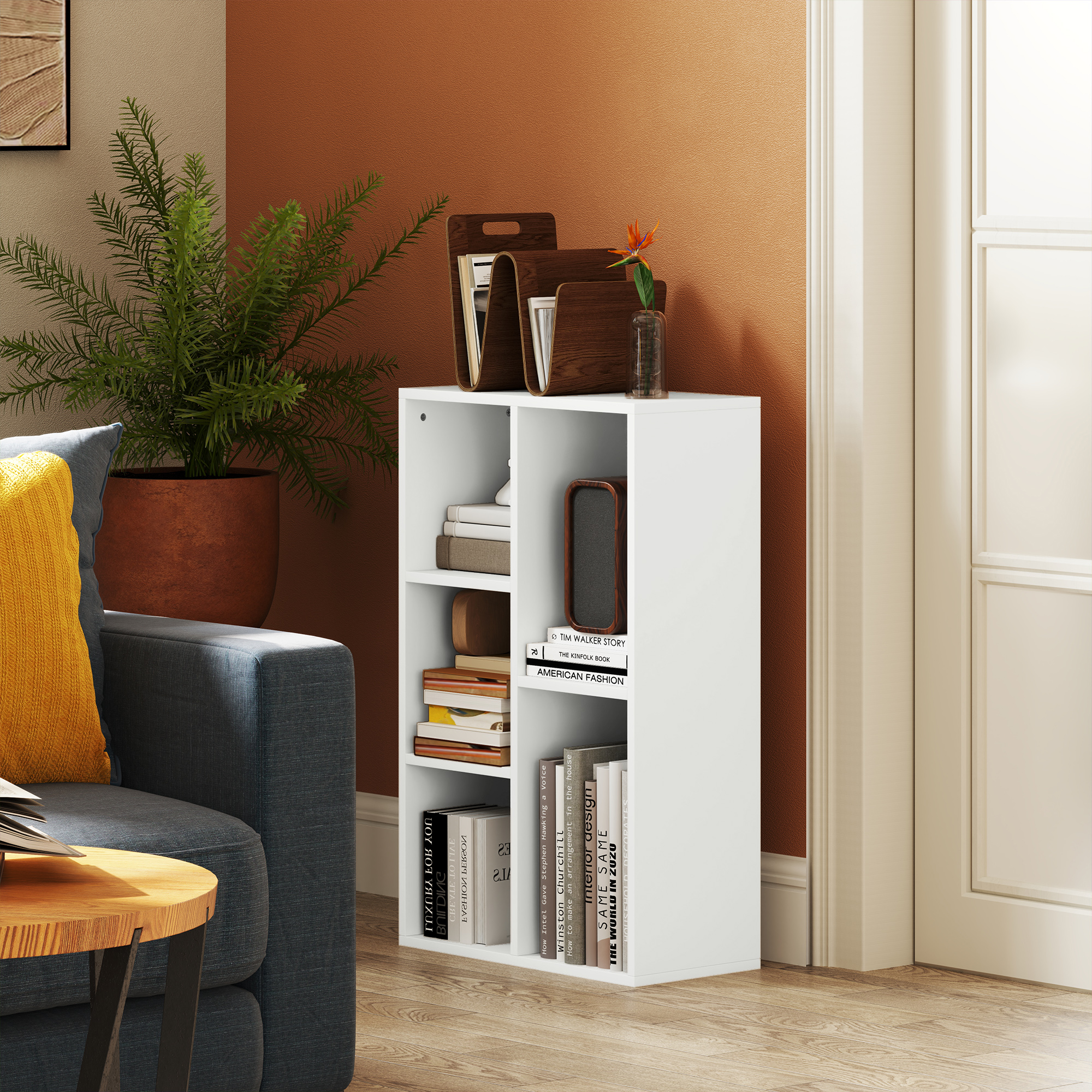 2-Ebenen-Bücherregal, 5 Fächer, Spanplatte, Aufbewahrungsregal, Weiß