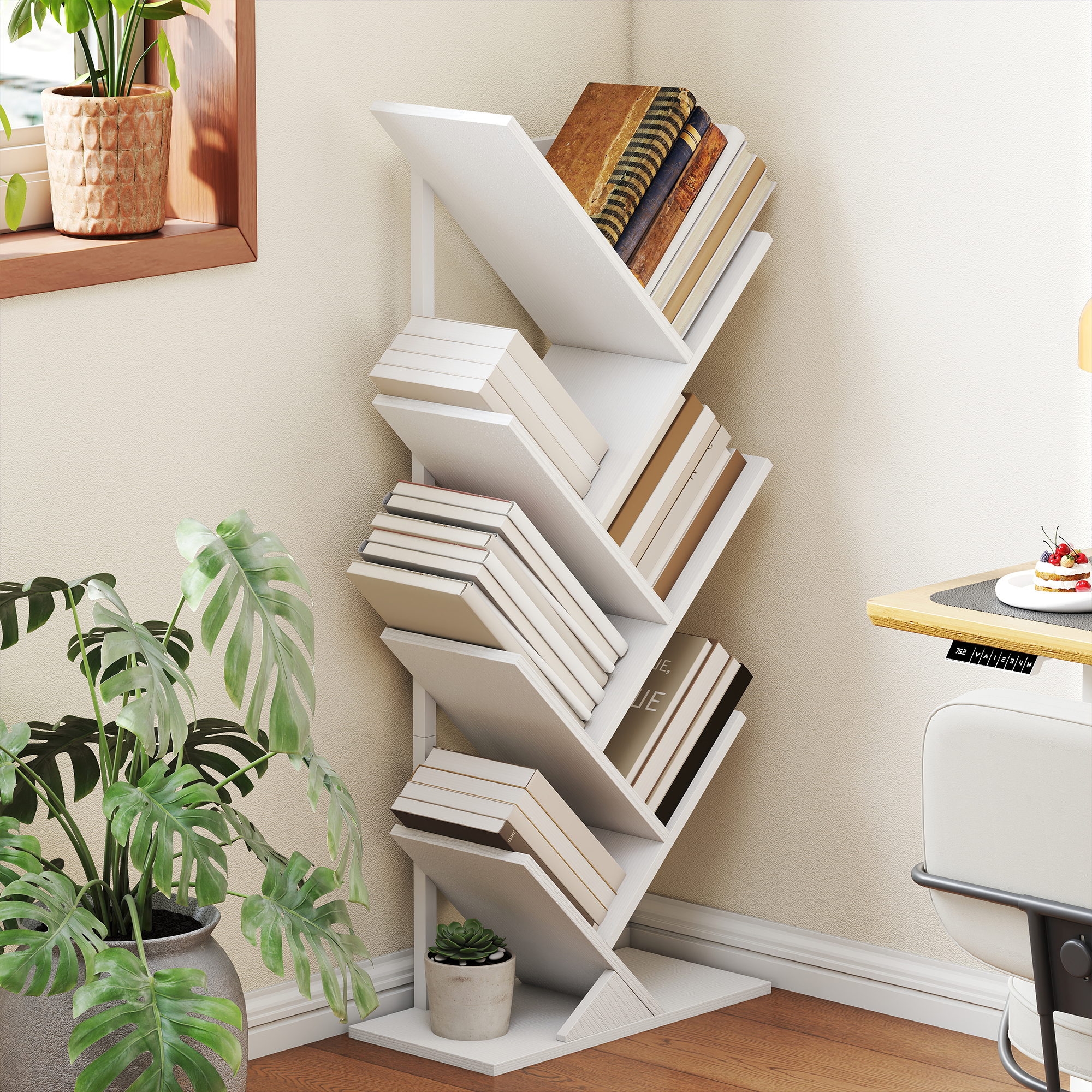 Bücherregal Standregal mit 7 Ebenen Schmal Regal im Baumform für Büro, Rustikal Weiß