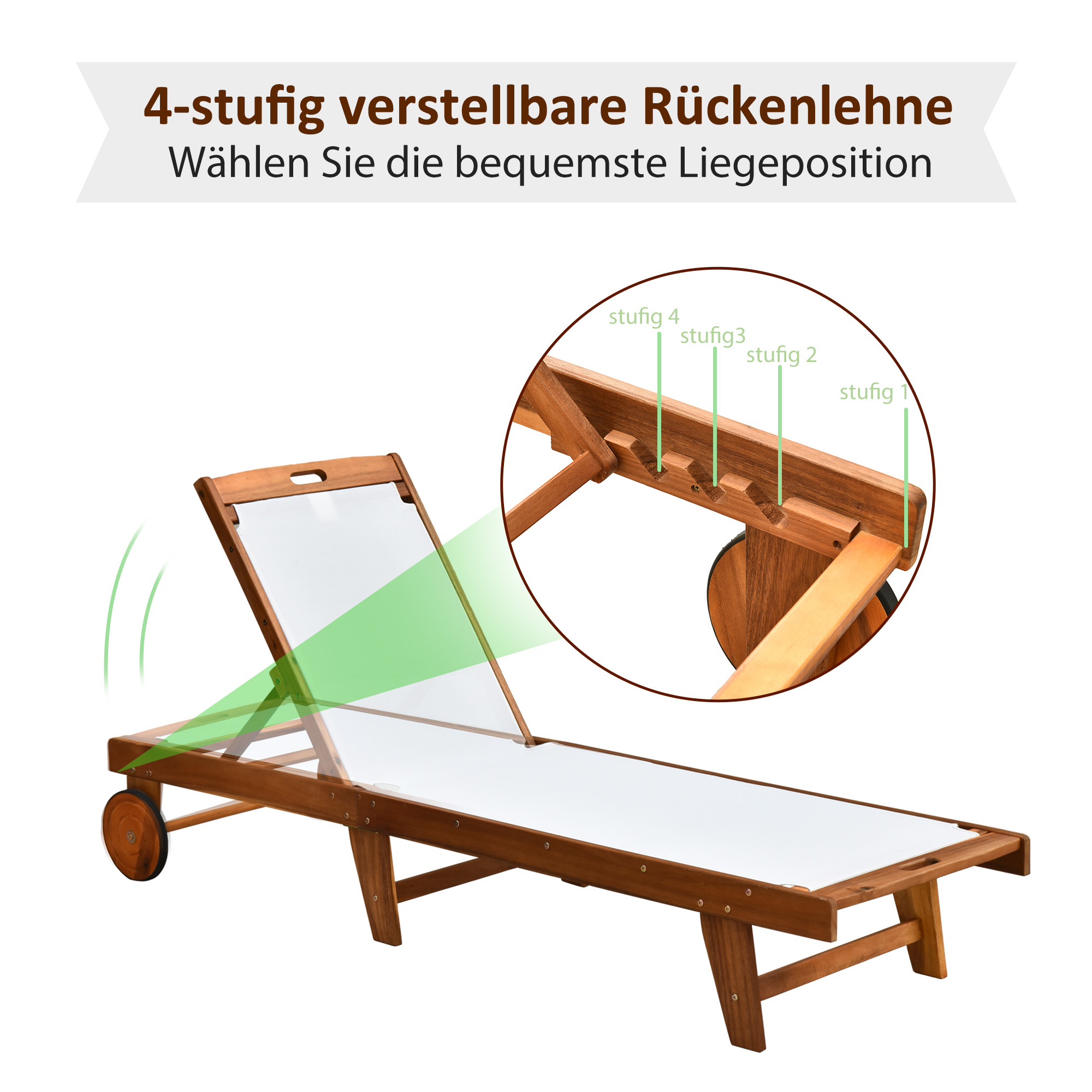 Sonnenliege Relaxliege Gartenliege Gartenmöbel verstellbar Akazienholz Textil Natur+Weiß 198 x 55 x 30-88,5 cm