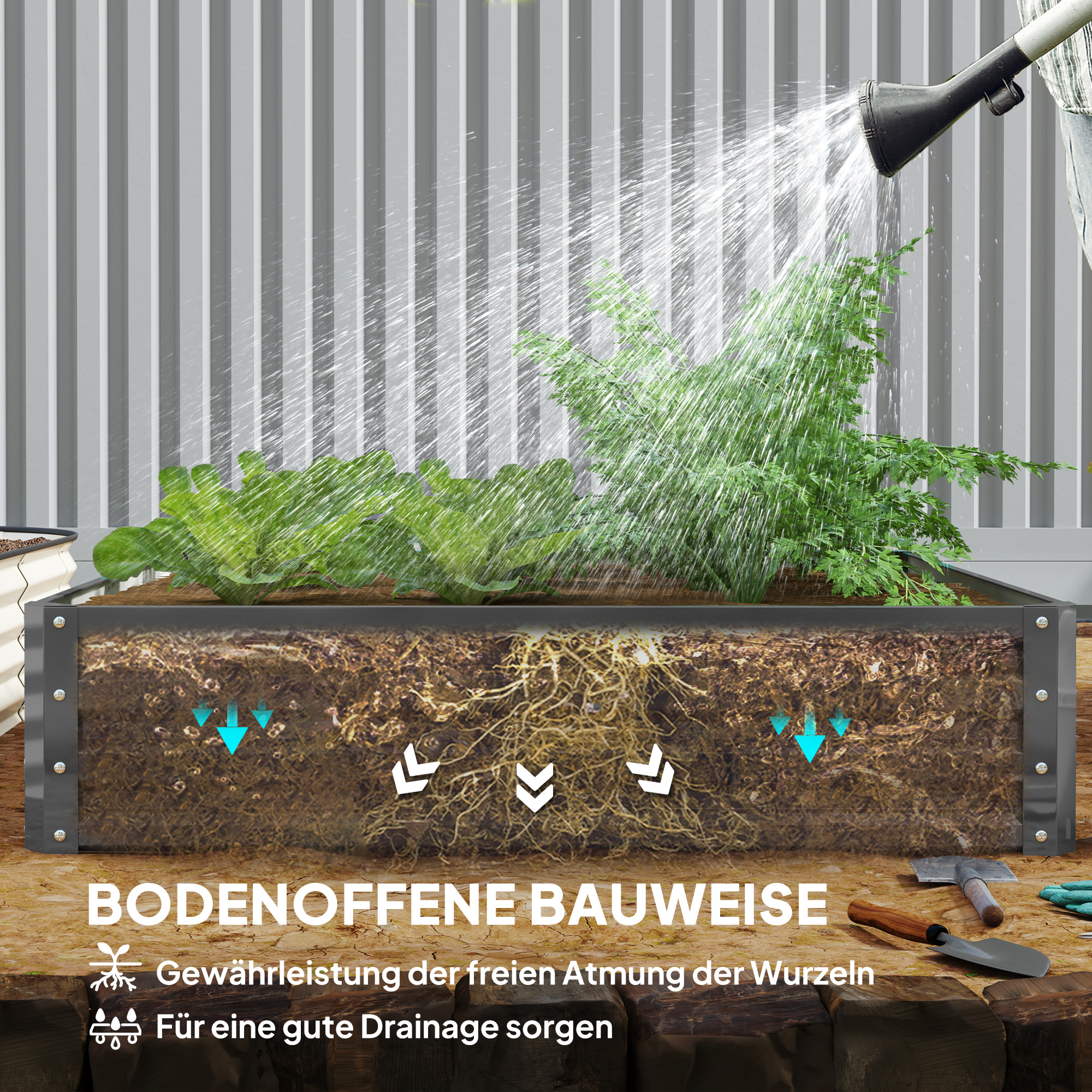 Gartenbeet, Pflanzkasten mit Stahlgehäuse, Hellgrau, 120 x 120 x 30 cm