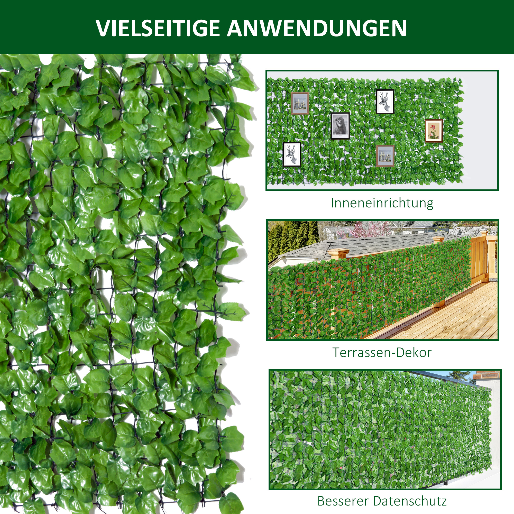 künstlicher Hecken-Sichtschutz, UV-geschützt, Sichtschutzgitter mit Blättern, Hecken-Zaun, 300 x 100 cm, Grün