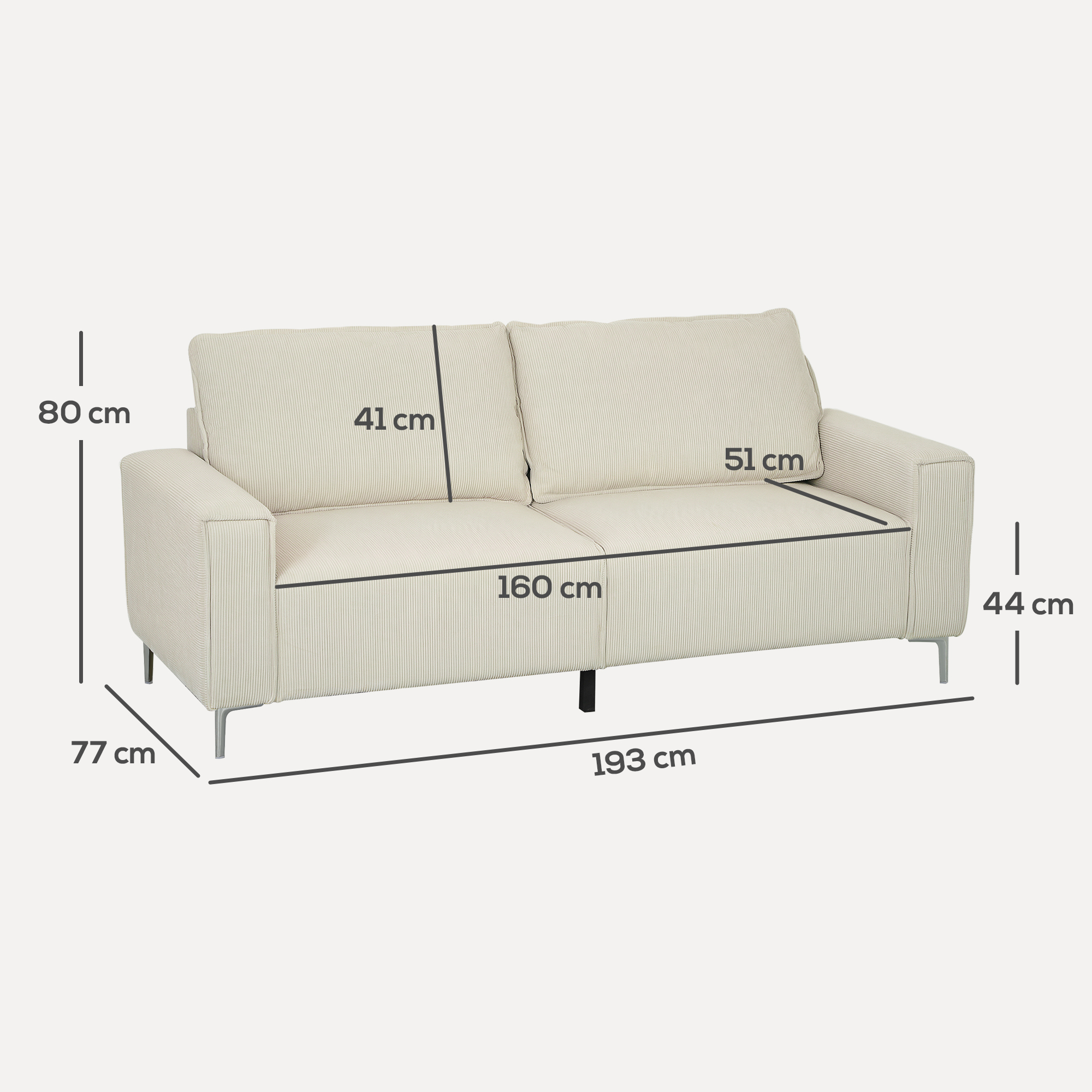 Modernes 3-Sitzer-Sofa, Weiche Couch mit Rückenkissen, Polstersofa für Wohnzimmer, Schlafzimmer, Homeoffice, Cremeweiß