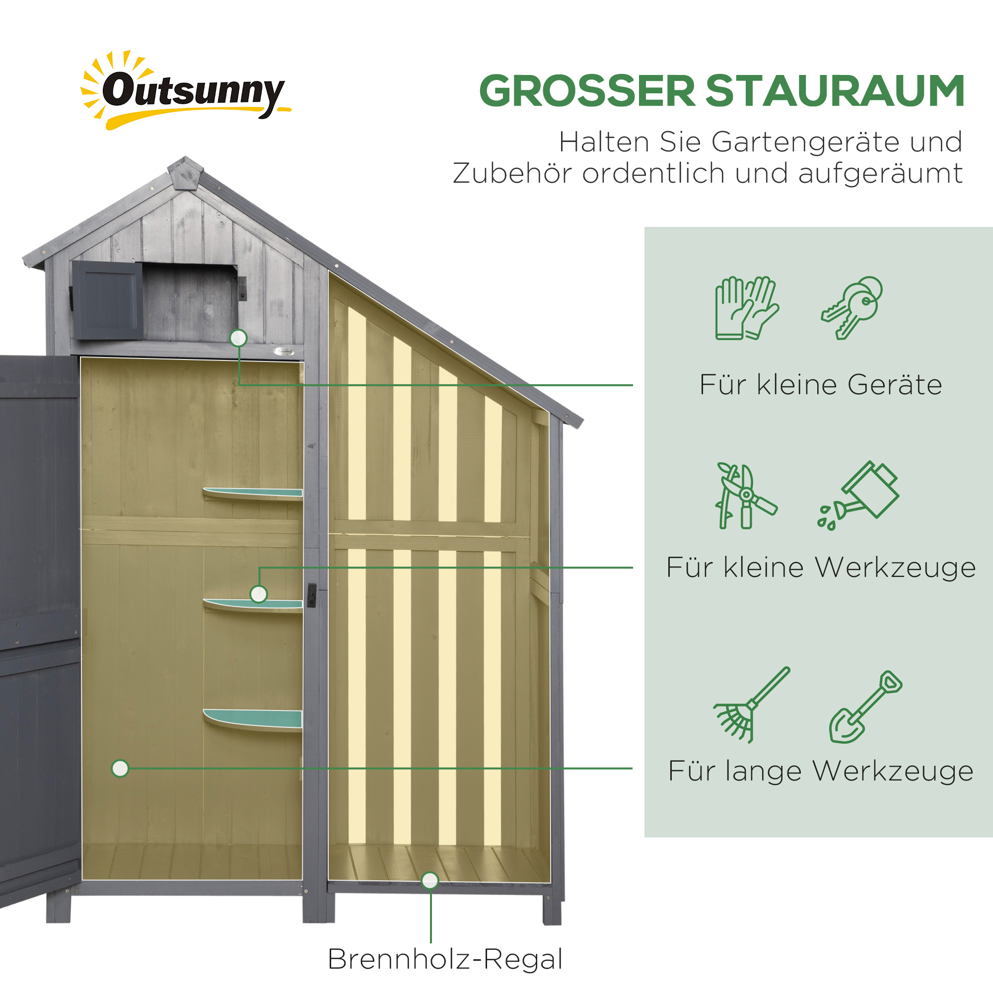 Gartenschrank, offenes Brennholzfach, verriegelbare Tür, wetterfest, Naturholz, 129 x 51,5 x 180cm, grau+schwarz