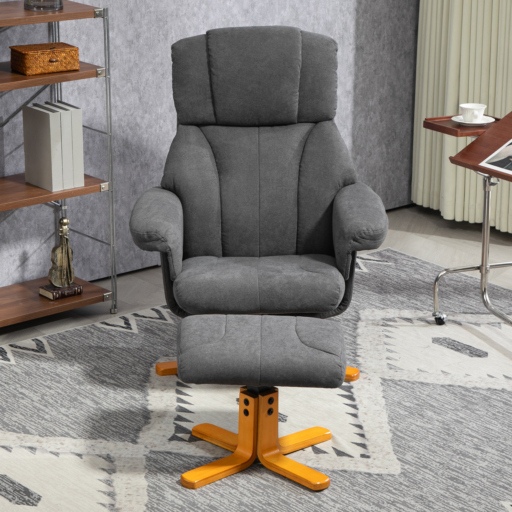 Verstellbarer Sessel mit Fußhocker mit hoher Lehne und Holzrahmen für Wohnzimmer, Schlafzimmer, Dunkelgrau