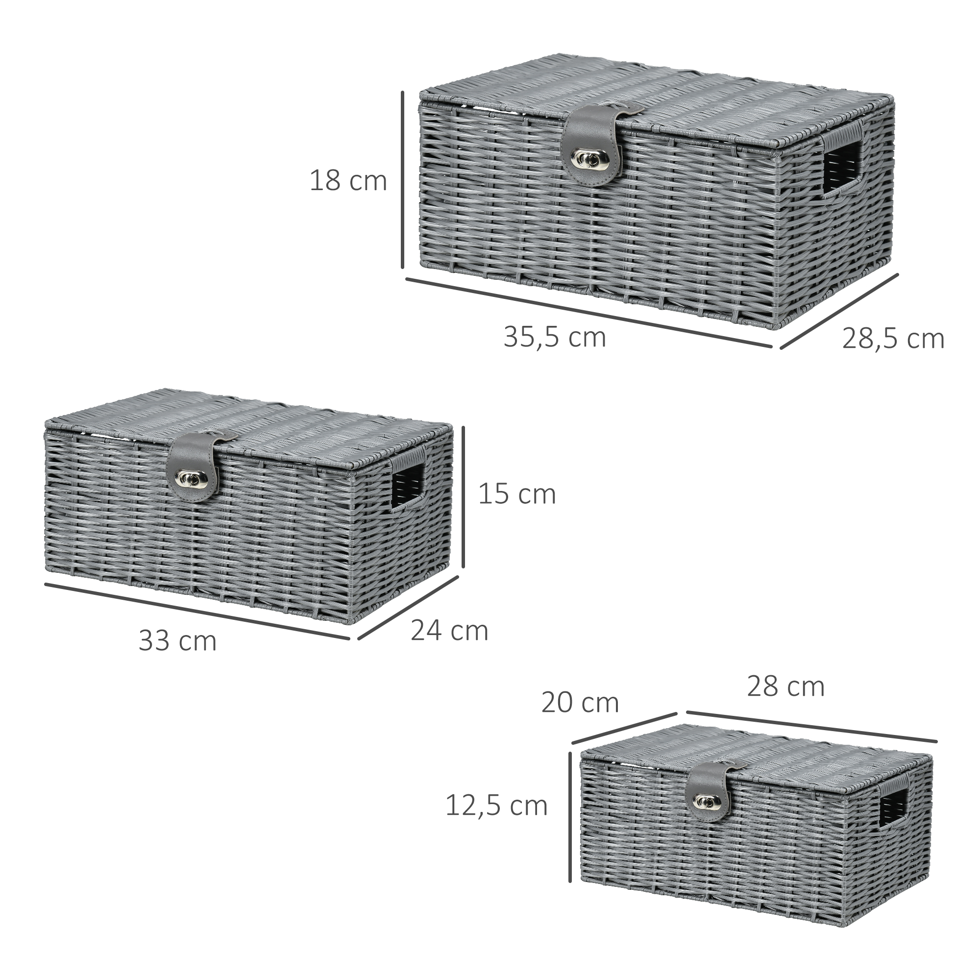 3er-Set Aufbewahrungskörbe aus PE- Rattan, mit Verschluss, Tragegriffen, 35,5 cm x 28,5 cm x 18 cm, Grau