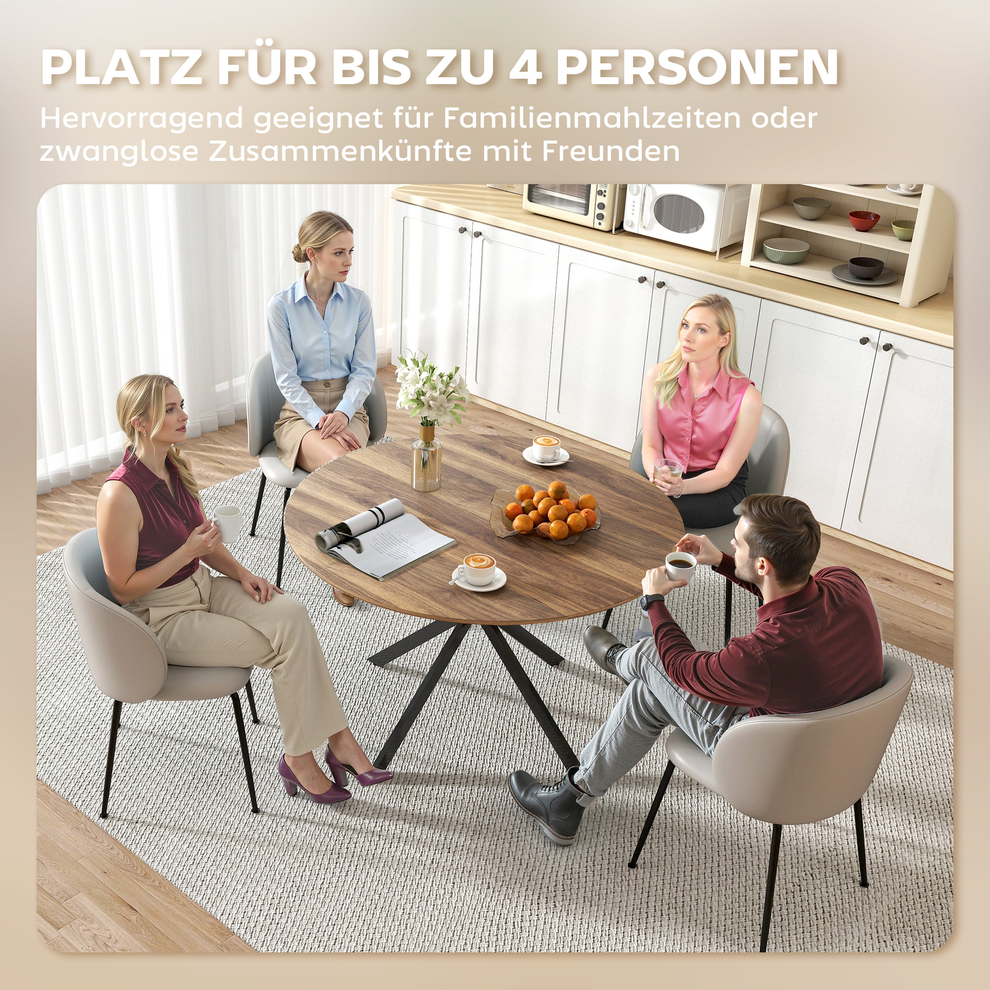 Runder Esstisch für 4 Personen, Küchentisch im Industriestil mit Stahlbeinen, für Esszimmer, Küche, Dunkelbraun