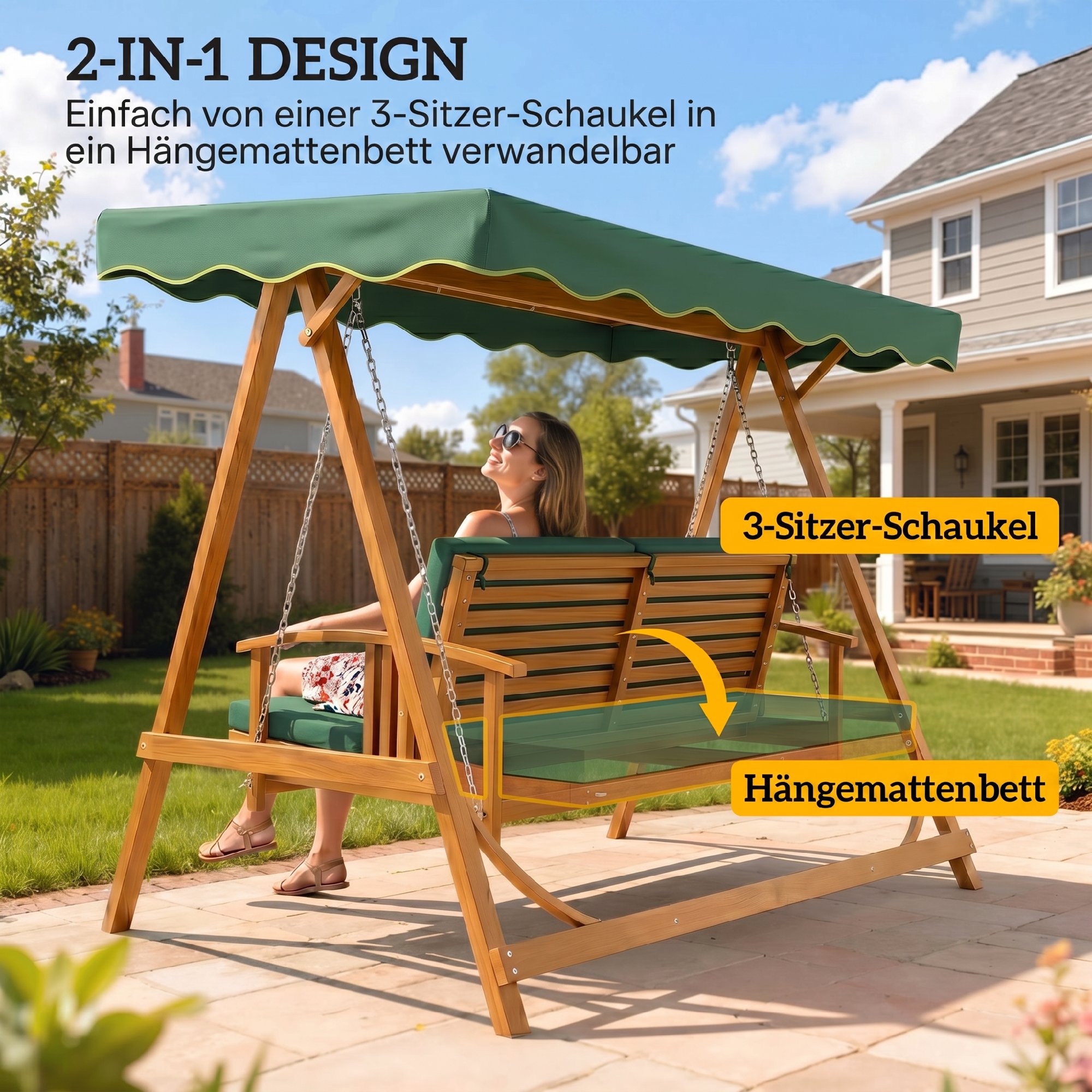 Hollywoodschaukel mit Liegefunktion, Gartenschaukel aus Holz, 3-Sitzer, für Garten, Terrasse, Dunkelgrün