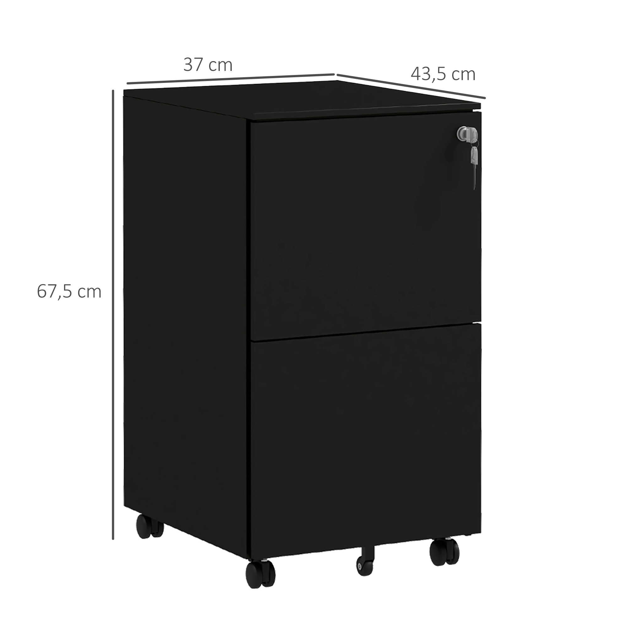 Rollcontainer Aktenschrank, 2 Schubladen, ab­schließ­bar, rollbar, 37 cm x 43,5 cm x 67,5 cm, Schwarz