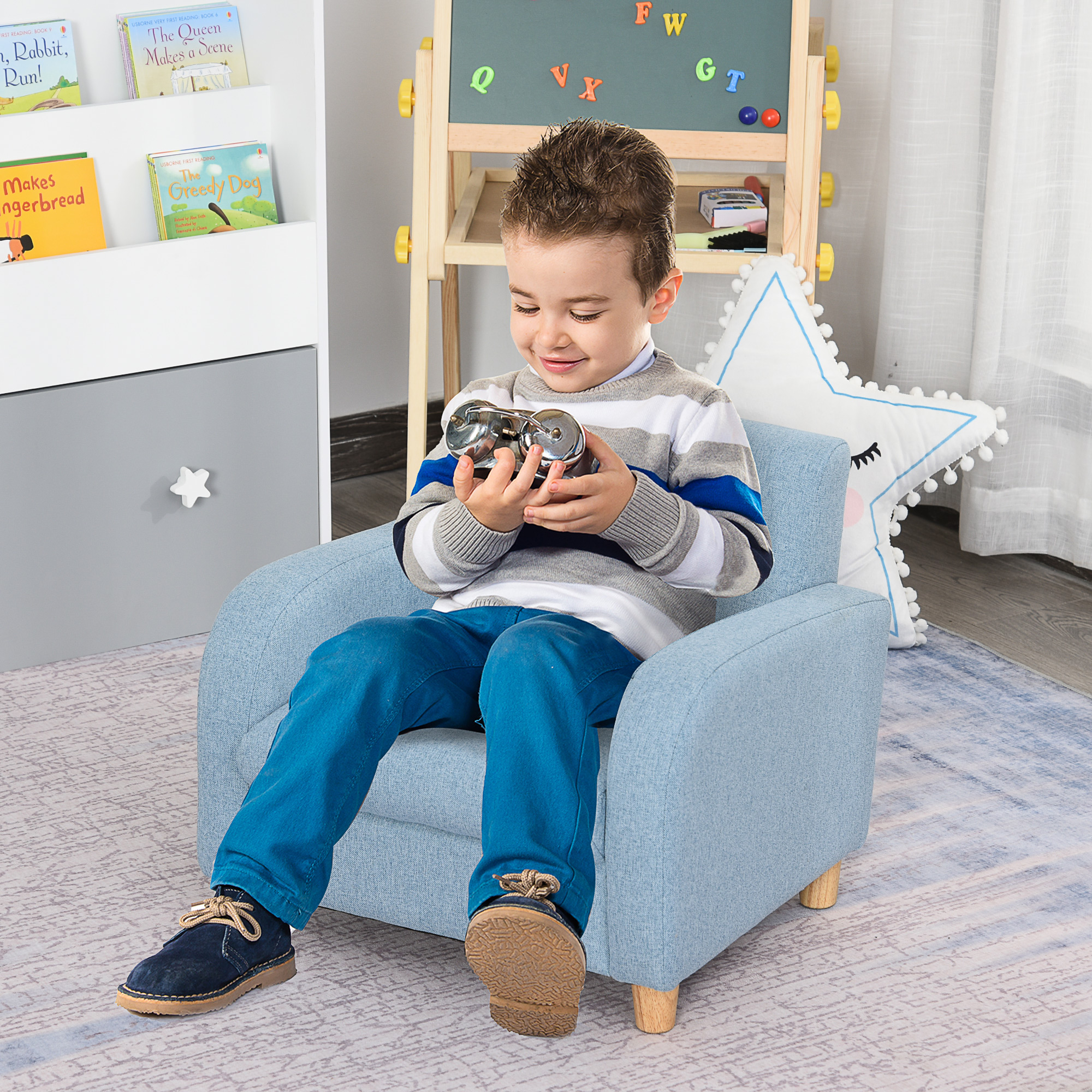 Kindersessel Kindersofa mit dickem Schaumstoff und dicken Sitzkissen Kindercouch Stuhl Liegesofa mit Anti-Rutsch-Füßen für 3-5 Jahre Kinder Holz Leinen Schaumstoff Blau 49x45x44,5 cm