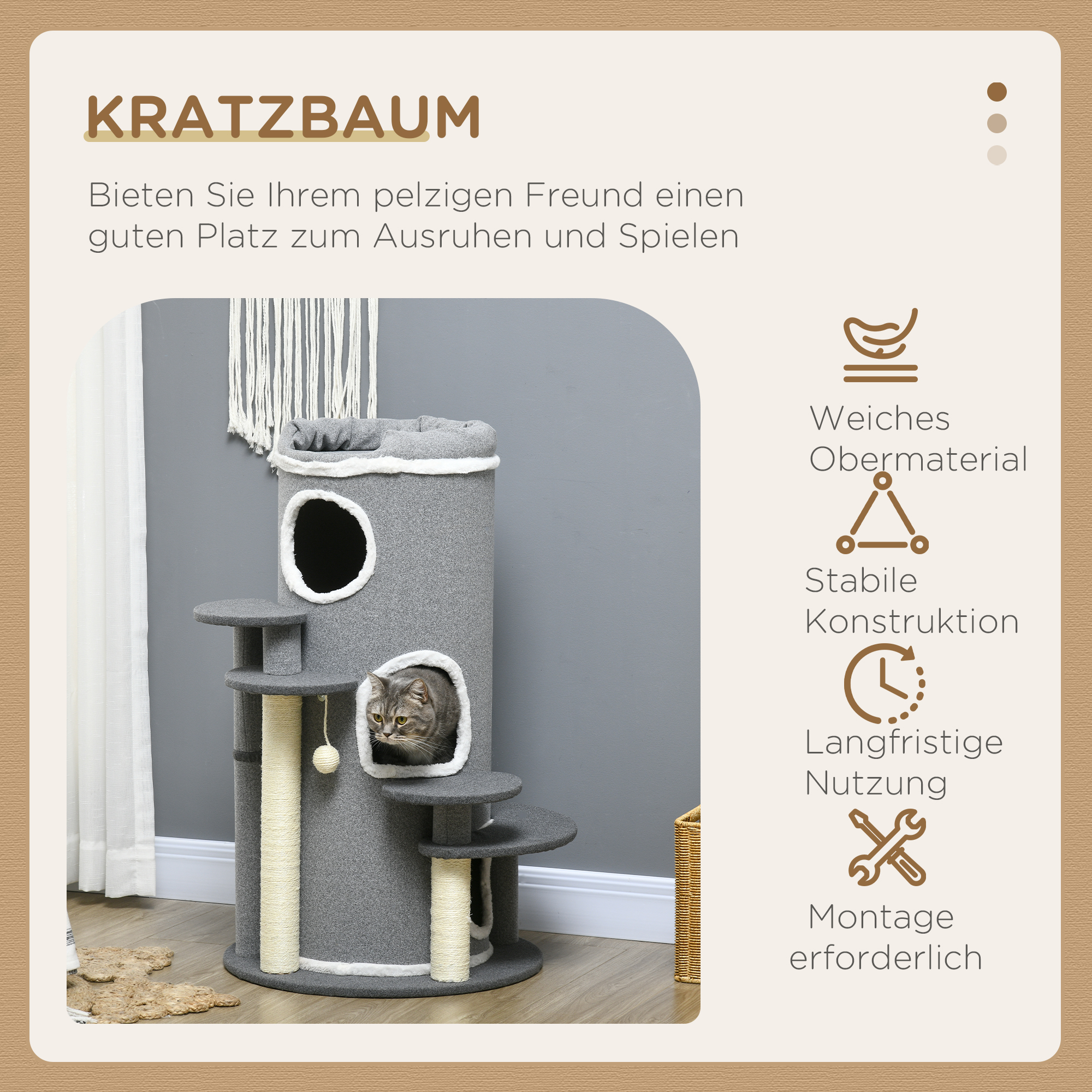 Kratzbaum Kratztonne, 2 Katzenhöhlen, 4 Liegeflächen, 4 Kratzpfosten, 57 cm x 57 cm x 99 cm, Grau + Weiß