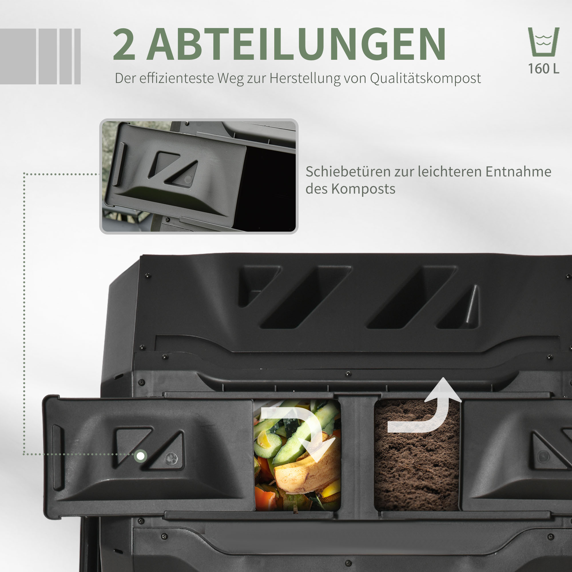 Kompostbehälter mit 2 Behältern, 160 L Fassungsvermögen, drehbar, 71 cm x 65 cm x 96 cm, Schwarz