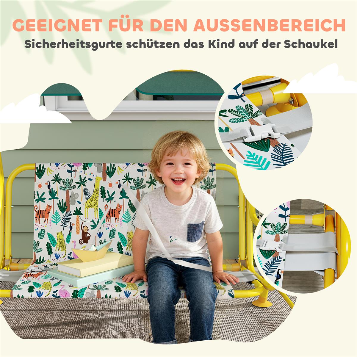 2-Sitzer Kinder Hollywoodschaukel mit verstellbar Sonnendach Sicherheitsgurt für 3-6 Jahre bis 60 kg 112x75x120cm Grün