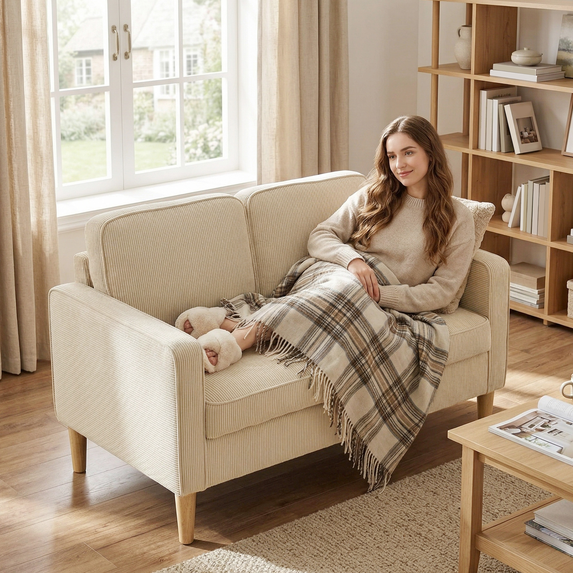 Sofa 2 Sitzer Couch mit 2 Wurfkissen, Stauraum Massivholzfüßen 117 x 63 x 79 cm Beige