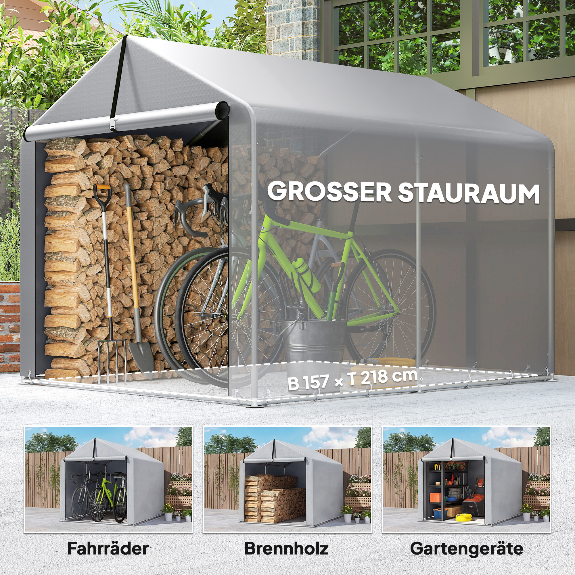 Garagenzelt 2,2 x 1,6 m Wasserdicht Gerätezelt mit Rolltür Satteldach Stahlrahmen, UV-beständig Hellgrau