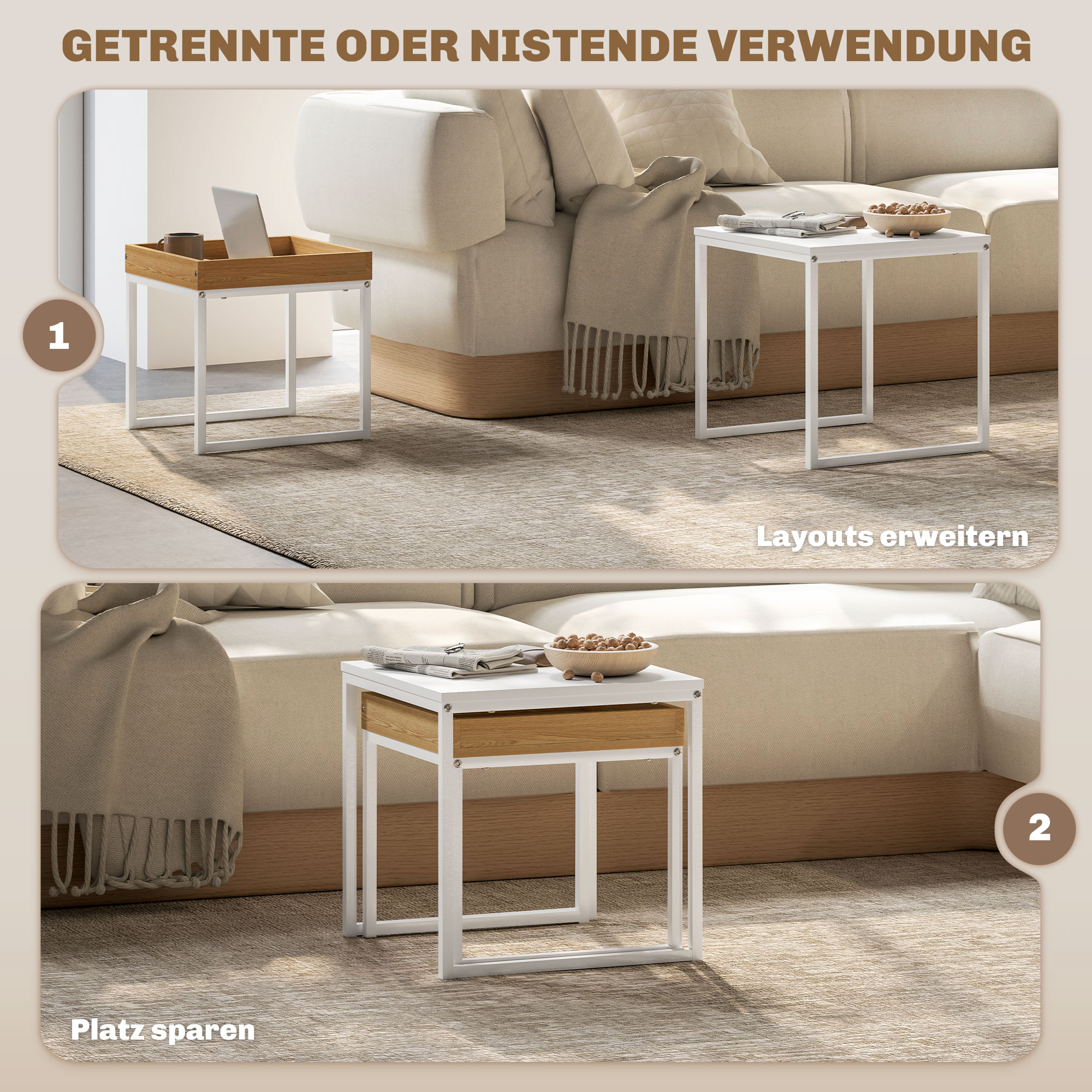 moderner Couchtisch, 2er-Set Sofatisch, für kleine Räume, Quadratisch, MDF, Metall, Weiß