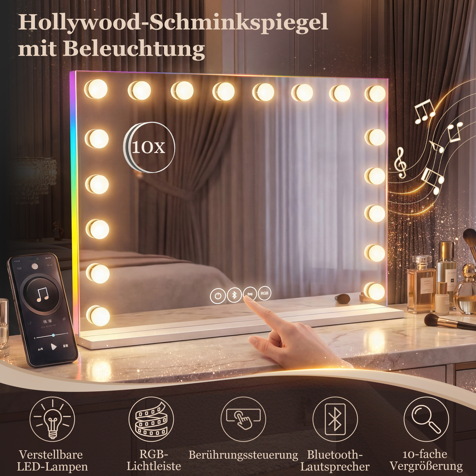 Hollywood Schminkspiegel mit 18 dimmbaren LED-Lampen, 3 Farben, RGB-Licht, Bluetooth-Lautsprecher, 10x Vergrößerung Weiß
