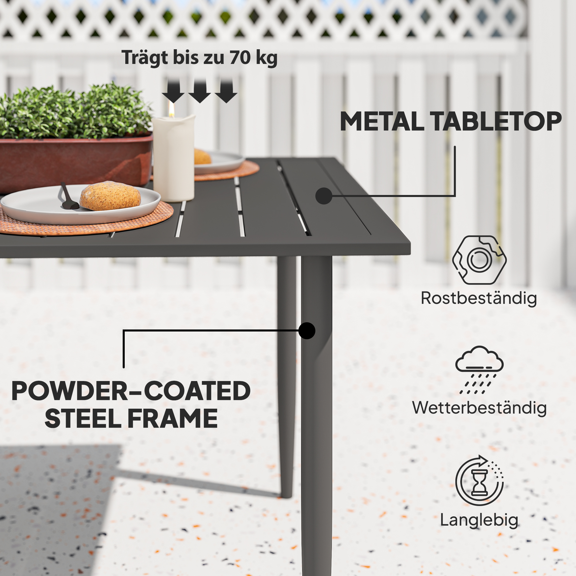 Gartentisch 150x90cm, Wetterfest Balkontisch aus Stahl, Balkontisch mit Schirmloch Schwarz
