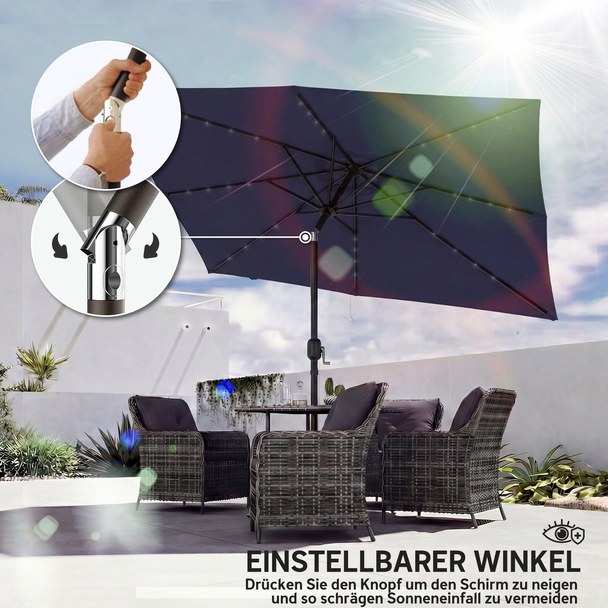 Sonnenschirm LED Solar ca. 300 x 200 cm knickbar Balkonschirm mit Kurbel Schutzhülle, UV Schutz, Drehbar Marineblau