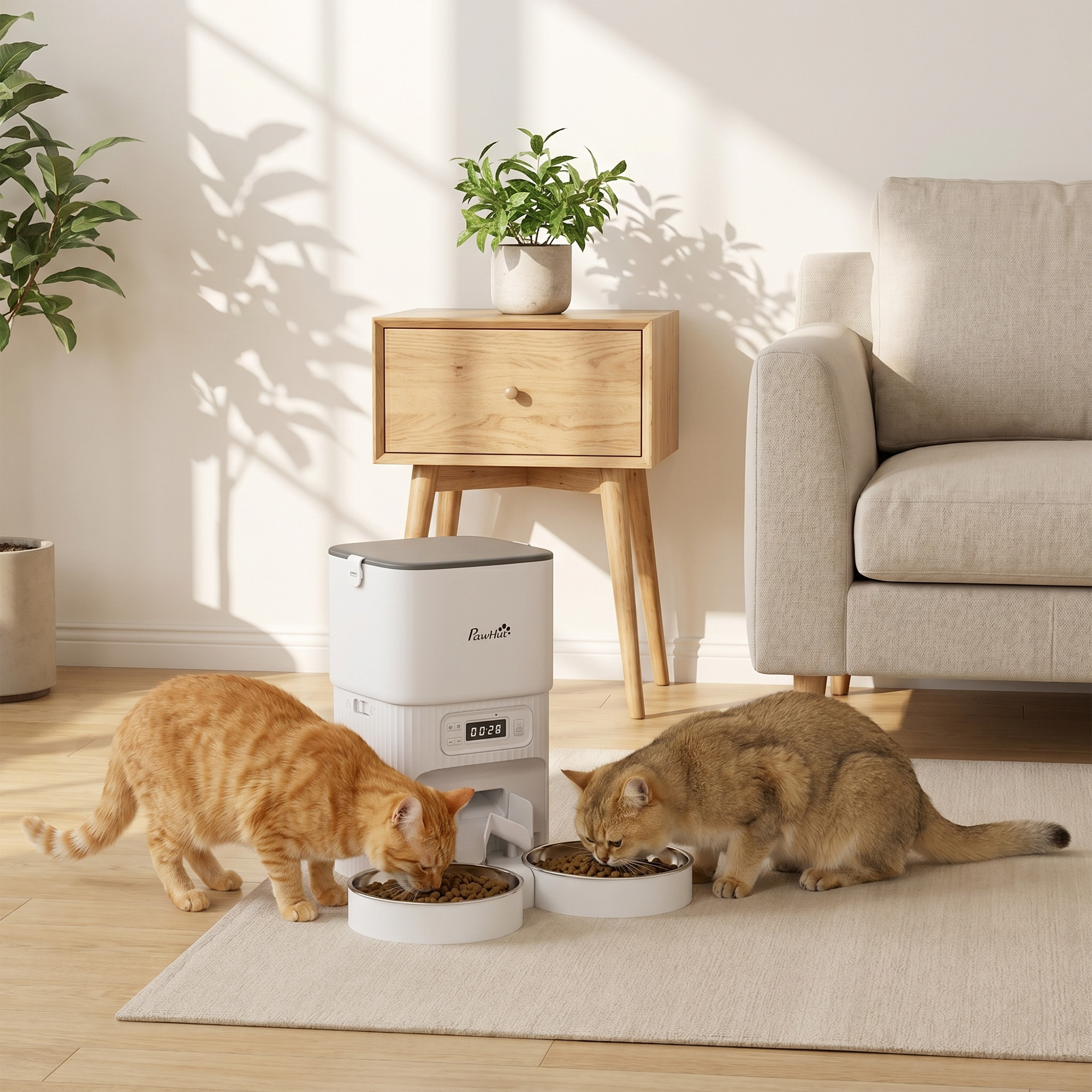 automatischer Katzenfutterspender mit Zeitschaltuhr, Portionierung und 2 Edelstahlnäpfen