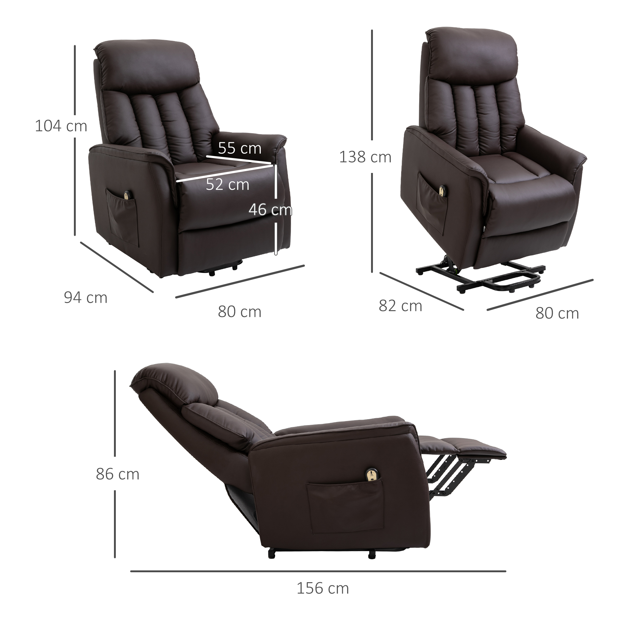Relaxsessel Elektrisch Fernsehsessel mit Aufstehhilfe, Liegefunktion, TV Sessel mit Fußteil, Seitentasche, Fernbedienung, für Wohnzimmer, bis 150 kg, Kunstleder, Braun