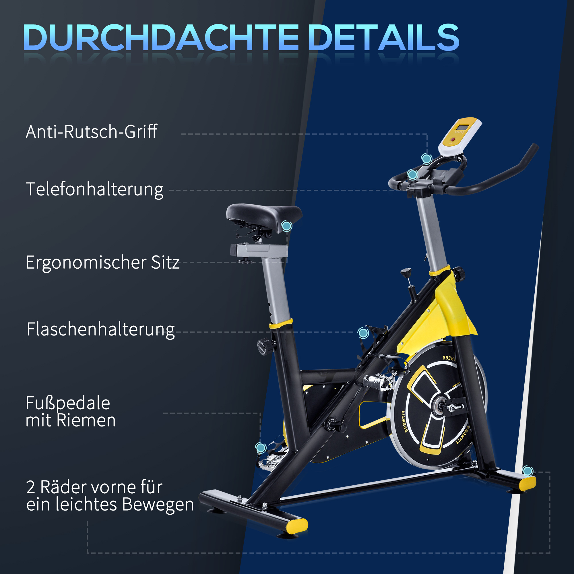 Fahrradtrainer höhenverstellbarer Heimtrainer Fitnessfahrrad Rollentrainer mit Riemenantrieb LCD-Display Stahl ABS Gelb+Schwarz 45,5 x 100 x 101-113 cm