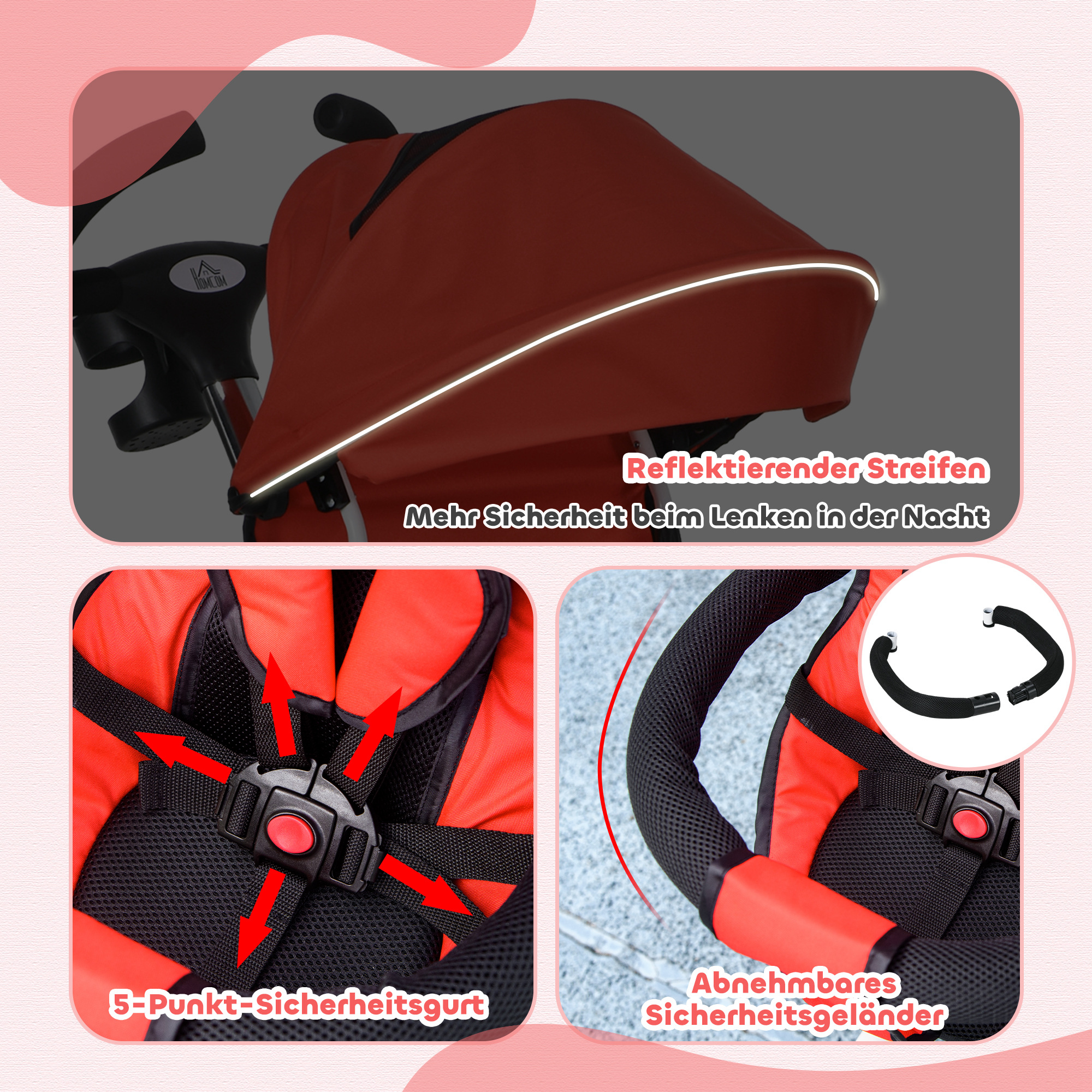 6-in-1 Kinderdreirad mit Schiebestange, Dach, Gurt, Ablagekorb, 18+ Monate, Rot