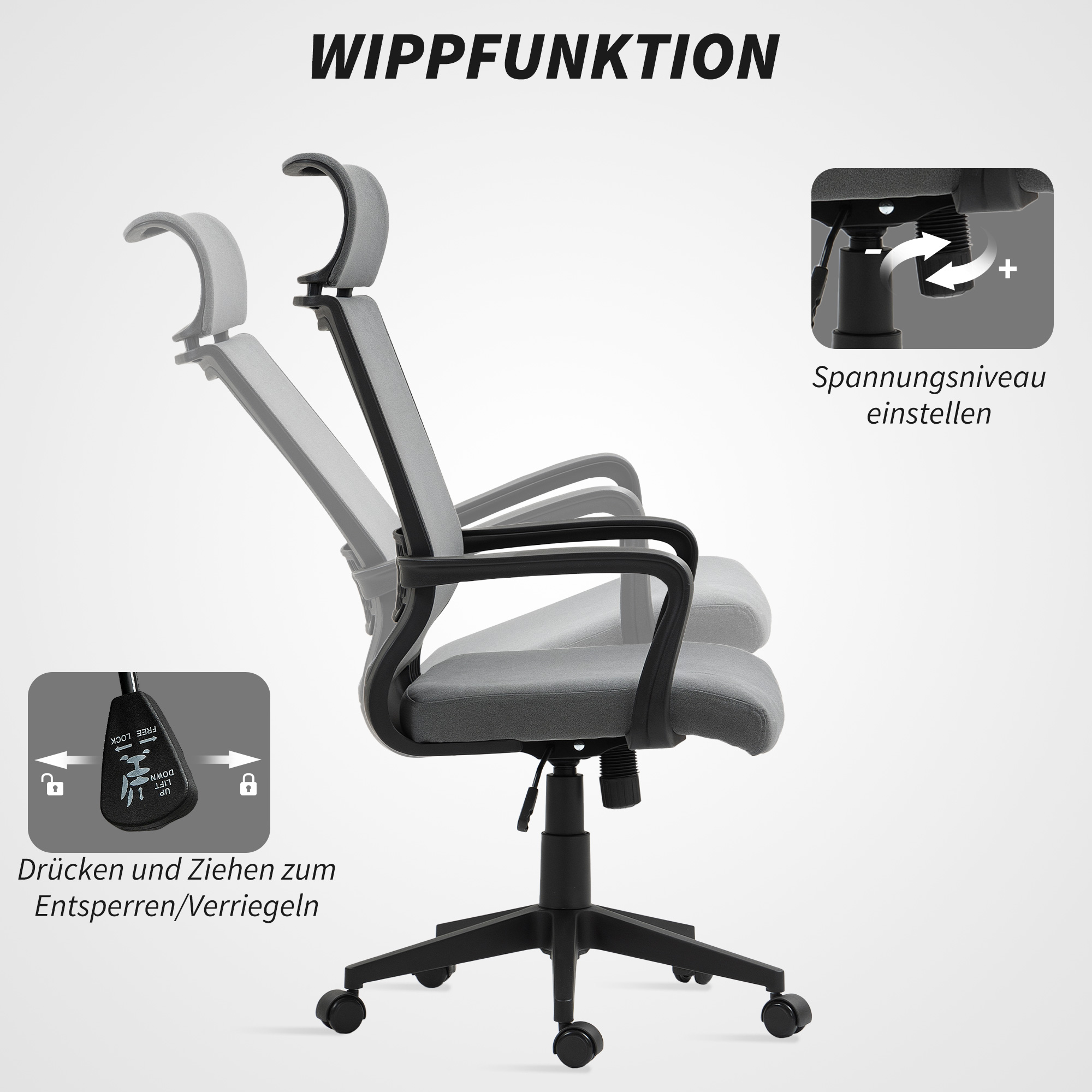 Bürostuhl mit weicher Rückenlehne, Räder, Armlehnen, höhenverstellbarer Schreibtischstuhl, Kunstwolle, Grau