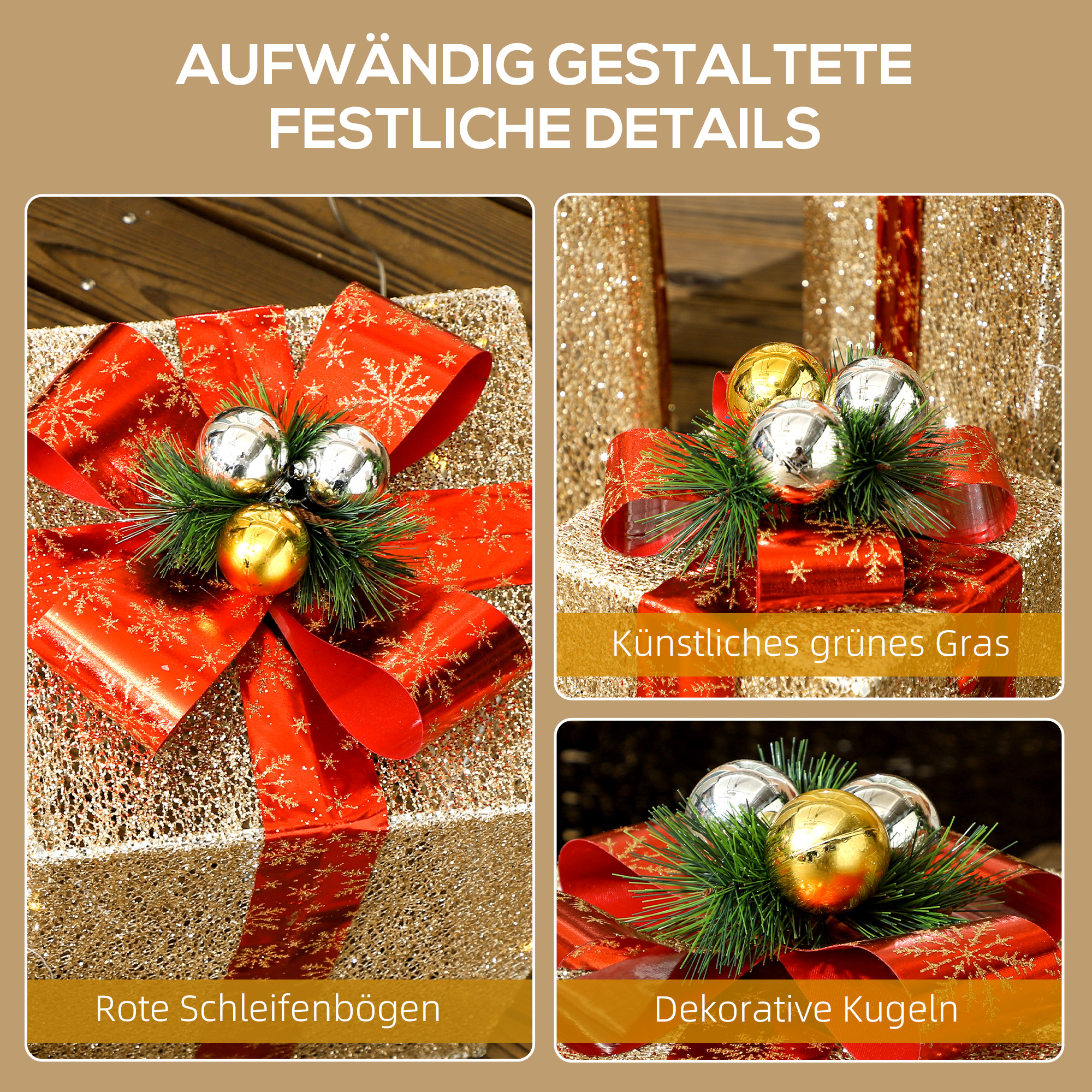 3-teiliges Weihnachts-Geschenkboxen-Set für Innen- und Außendekoration, mit 58 LED-Lichtern, Goldton