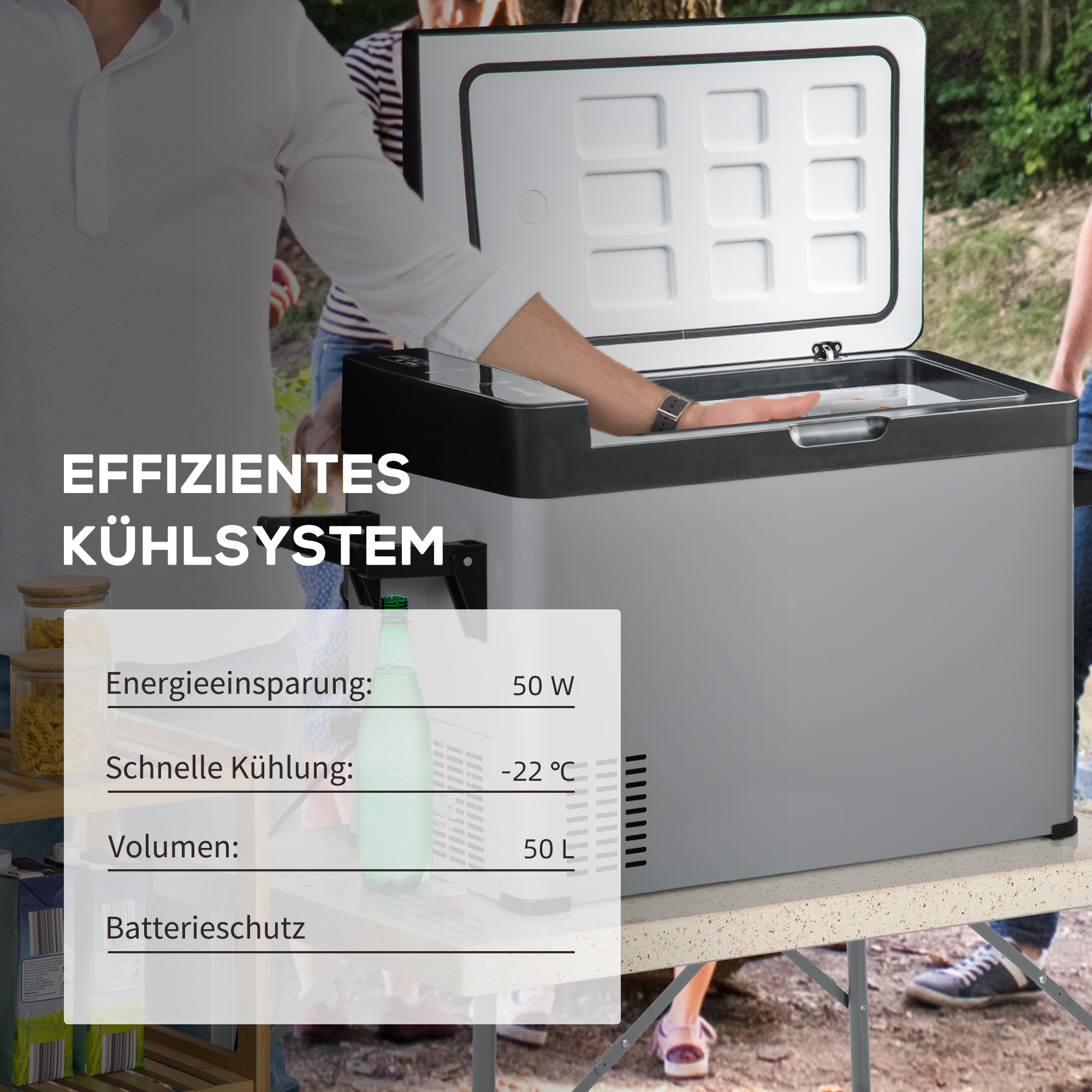 Kühlbox Auto 50L mit LCD-Anzeige 2 Modi Kompressor Autokühlschrank mit Griffe Boot Camper Reisen 12/24V DC und 110-240V AC Grau+Schwarz