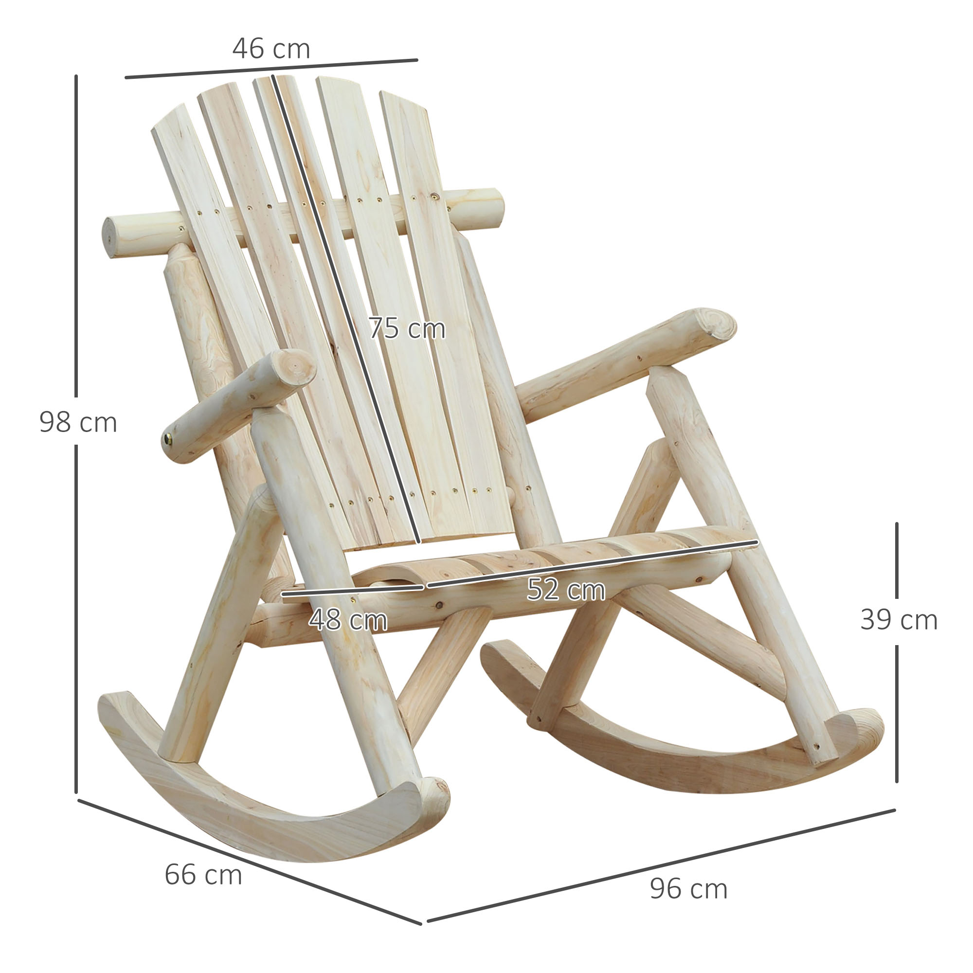 Schaukelstuhl aus Holz Schaukelsessel mit hoher Rückenlehne wetterfest Gartenstuhl bis 113kg belastbar Relaxstuhl für Wohnzimmer Garten, Rasen, Balkon Natur