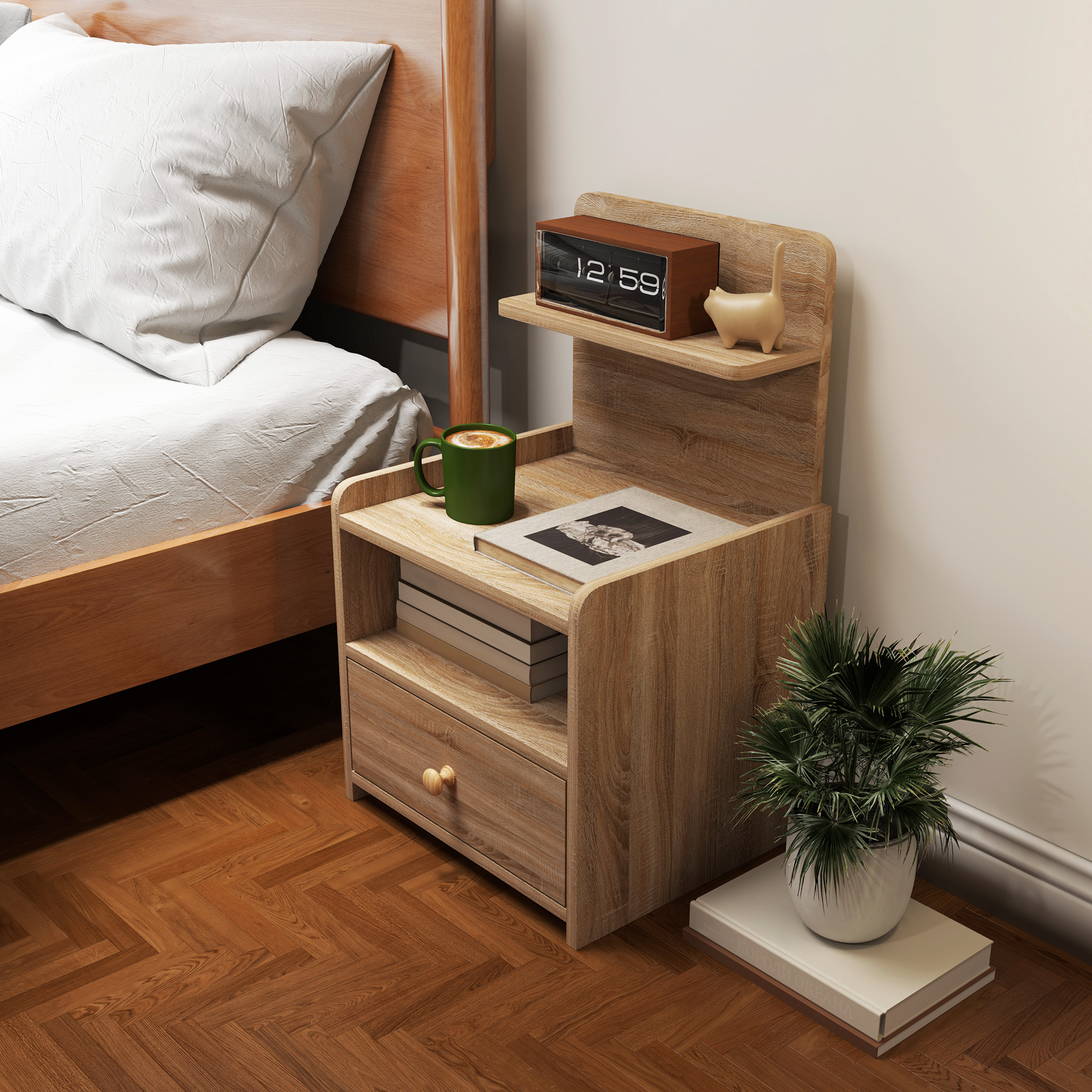 Beistelltisch, Nachttisch mit Stauraum, Spanplatte, kippsicher, modern, Naturholz