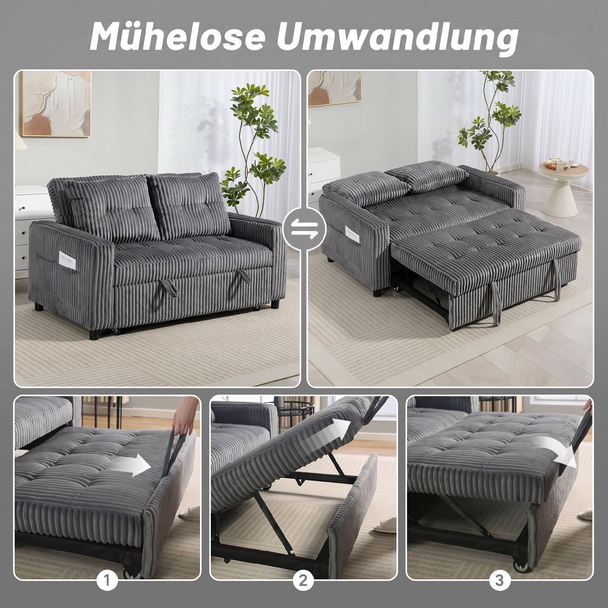 2-Sitzer Sofabett, Cordbezug, zum Schlafsofa umwandelbar, 2 Kissen, Seitentaschen, 157 x 190 cm, Dunkelgrau