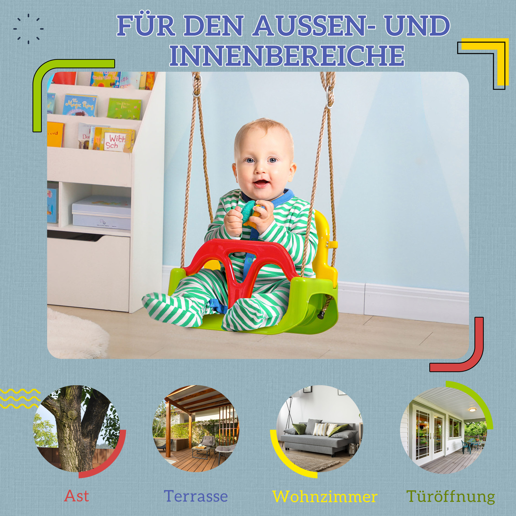 Babyschaukel 3 in 1 verstellbar Kinderschaukel mit Rückenlehne, Anschnallgurt, für Kinder von 9-36 Monaten, Grün