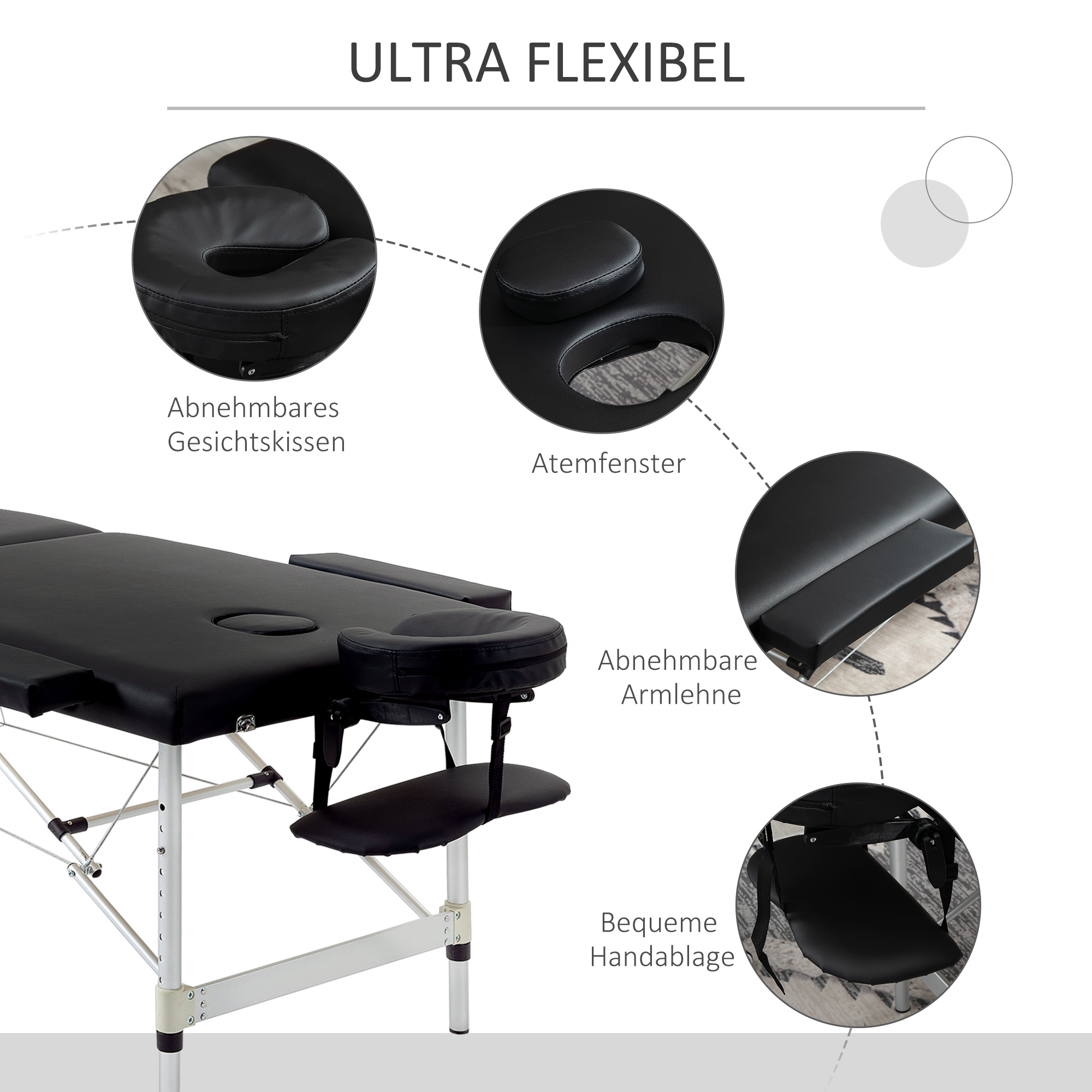 Massageliege, 2 Zonen klappbarer Massagetisch mit Kunstleder-Bezug, Kopfstütze, Armlehnen, Tasche, höhenverstellbare Massagebank 90cm Breit bis 225 kg belastbar, Schwarz