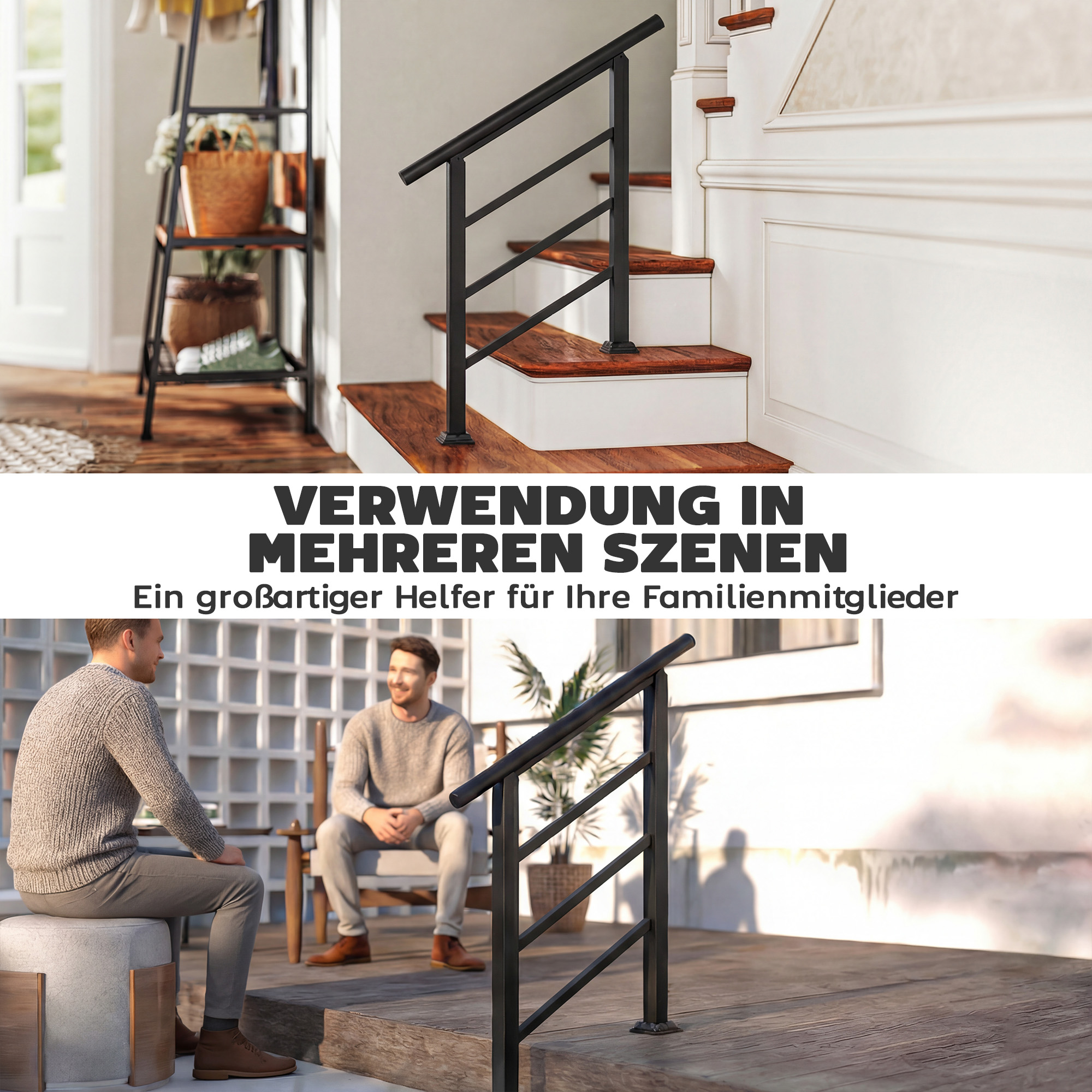 Treppengeländer für 1-3 Stufen, 94cm Winkelverstellbar Handlauf Außen und Innen Metall Schwarz