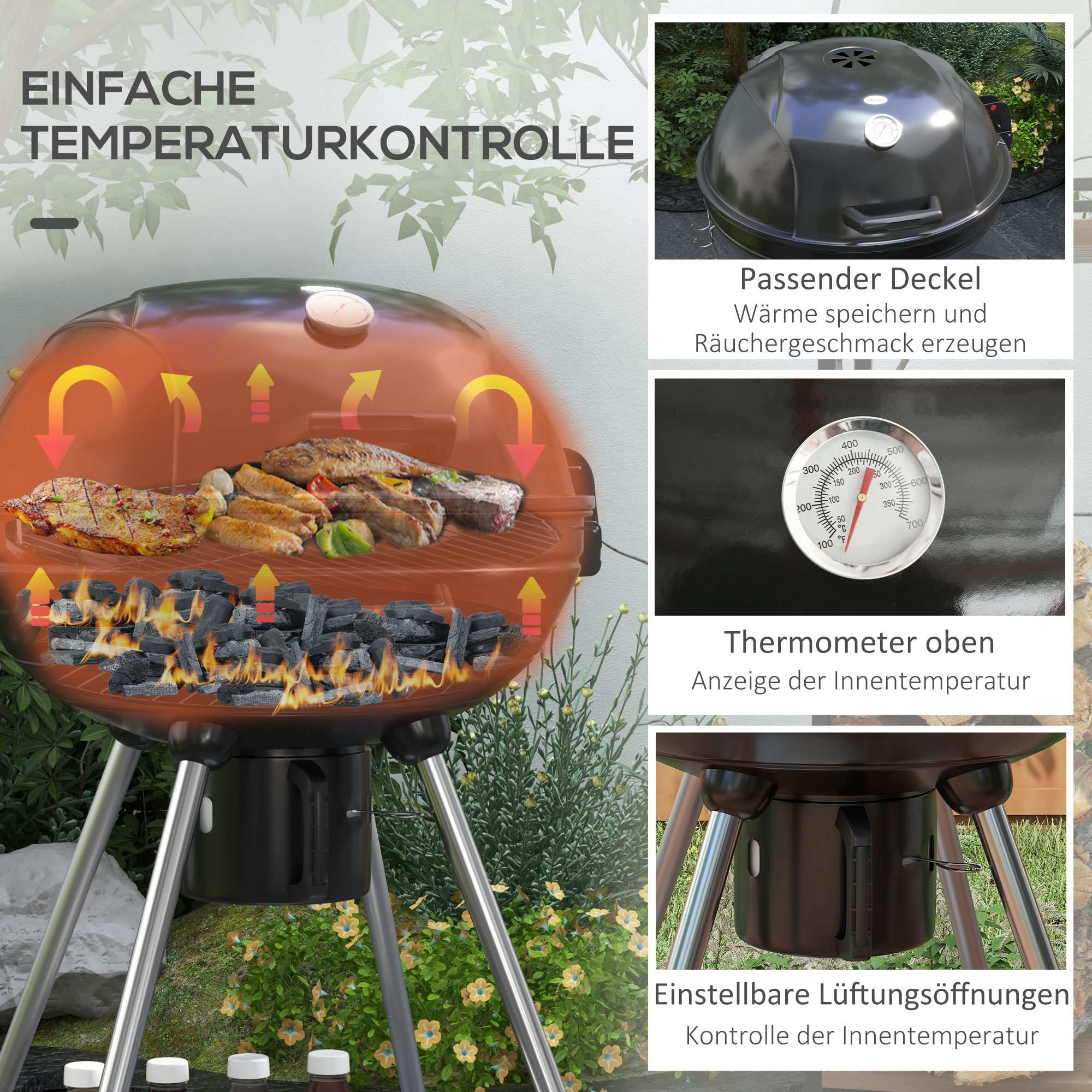 Kugelgrill, Ø54 cm Grillrost, Warmhalterost, Ablage, Aschefach, Thermometer, 55 x 65 x 89 cm, Schwarz