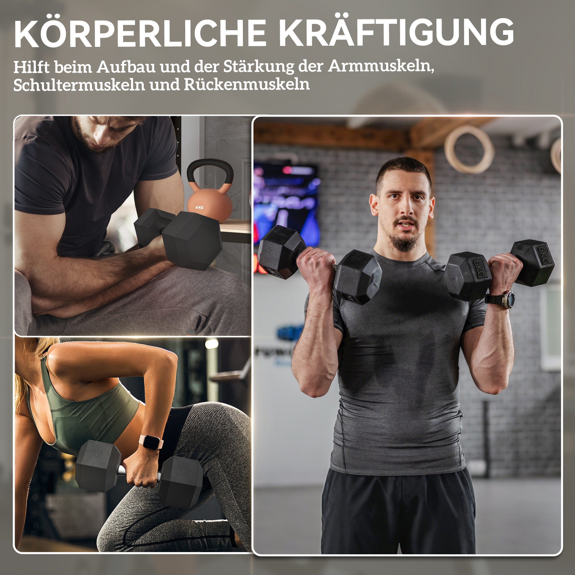 Hexagon Hanteln, 2er Set Hanteln mit gerändeltem Griff, Kurzhantelset aus Gusseisen, 2 x 6 kg, Kurzhanteln für Männer Frauen, Zuhause, Fitnessstudio, Krafttraining