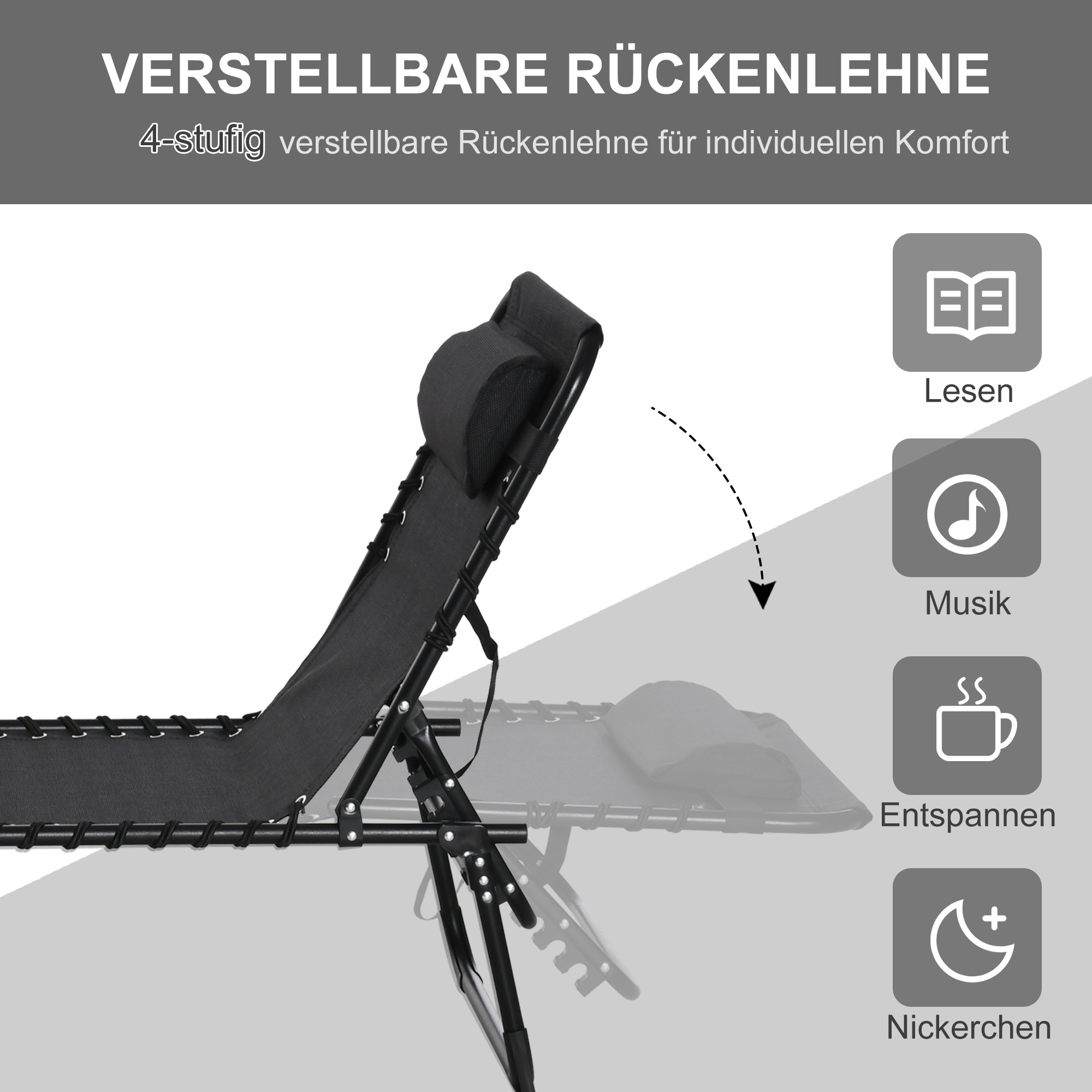 Sonnenliege, klappbar, atmungsaktiver Bezug, Metallrahmen, 197 x 58 x 76 cm, Schwarz