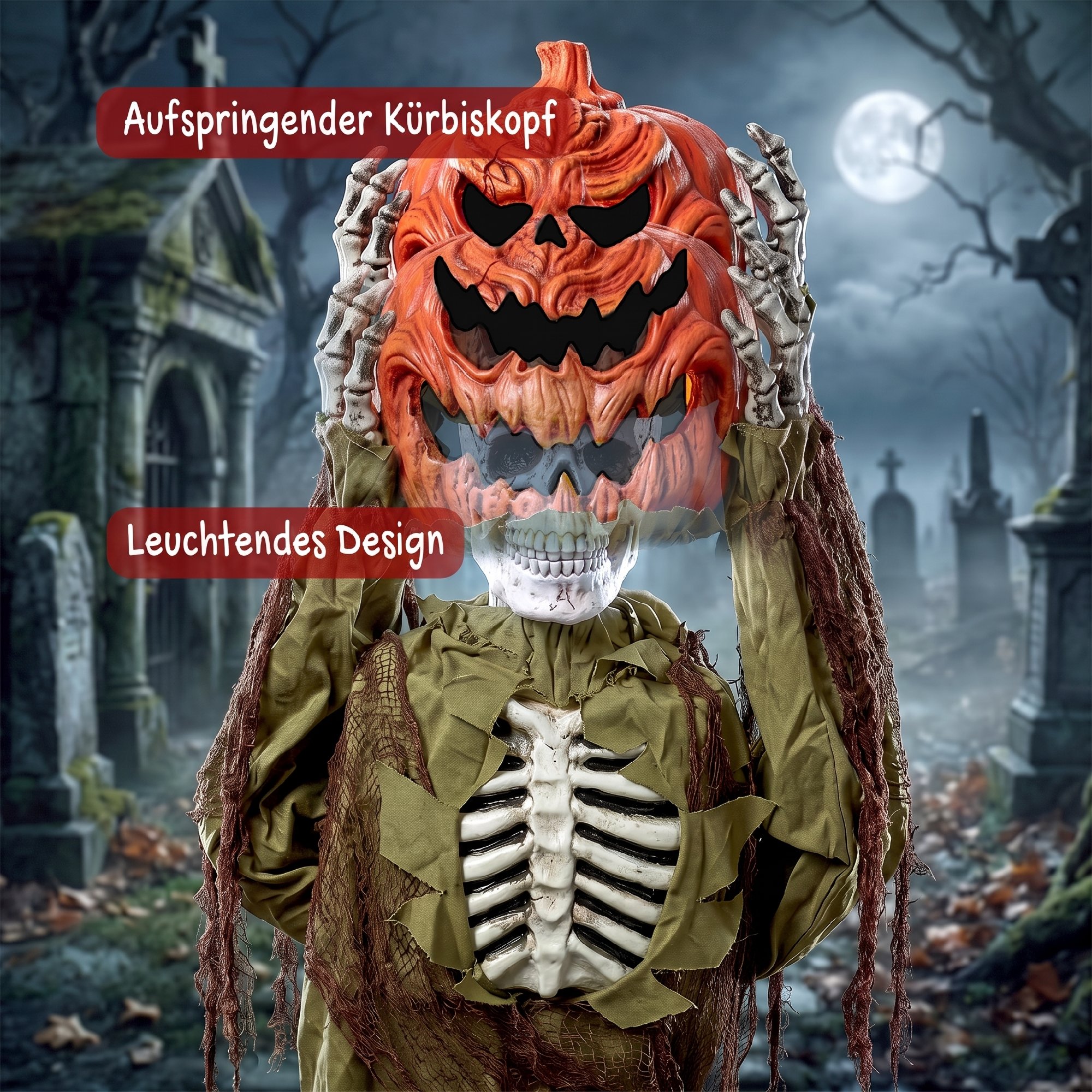 animiertes Pop-up-Kürbis-Skelett, 173 cm, gruselige Halloween-Deko mit Licht sowie Sound- und Berührungsaktivierung