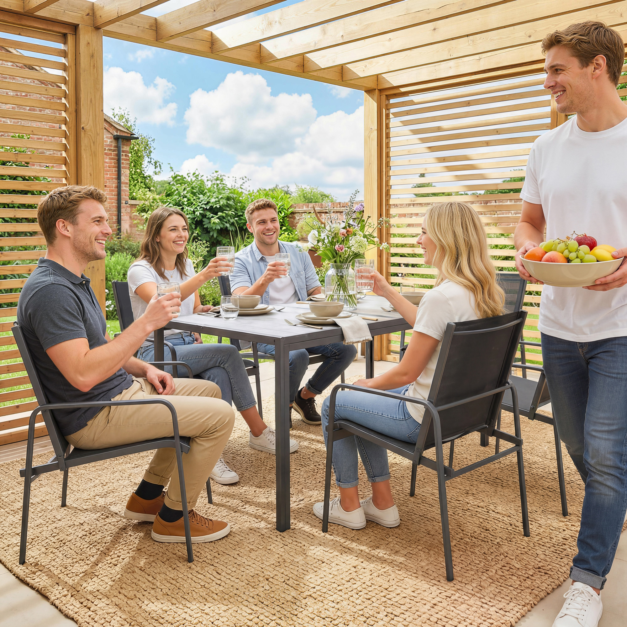 Gartenmöbel Set Sitzgruppe 150 x 80cm Tisch mit 6 Atmungsaktiven Stühlen Holzoptik Stahlrahmen Schwarz