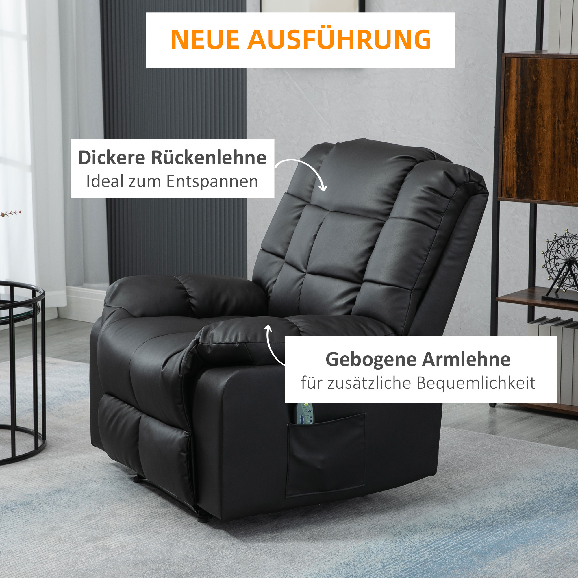 Massagesessel, Relaxsessel, 8 Vibrationspunkte, Liegefunktion, Kunstleder, schwarz, 94x99x99cm
