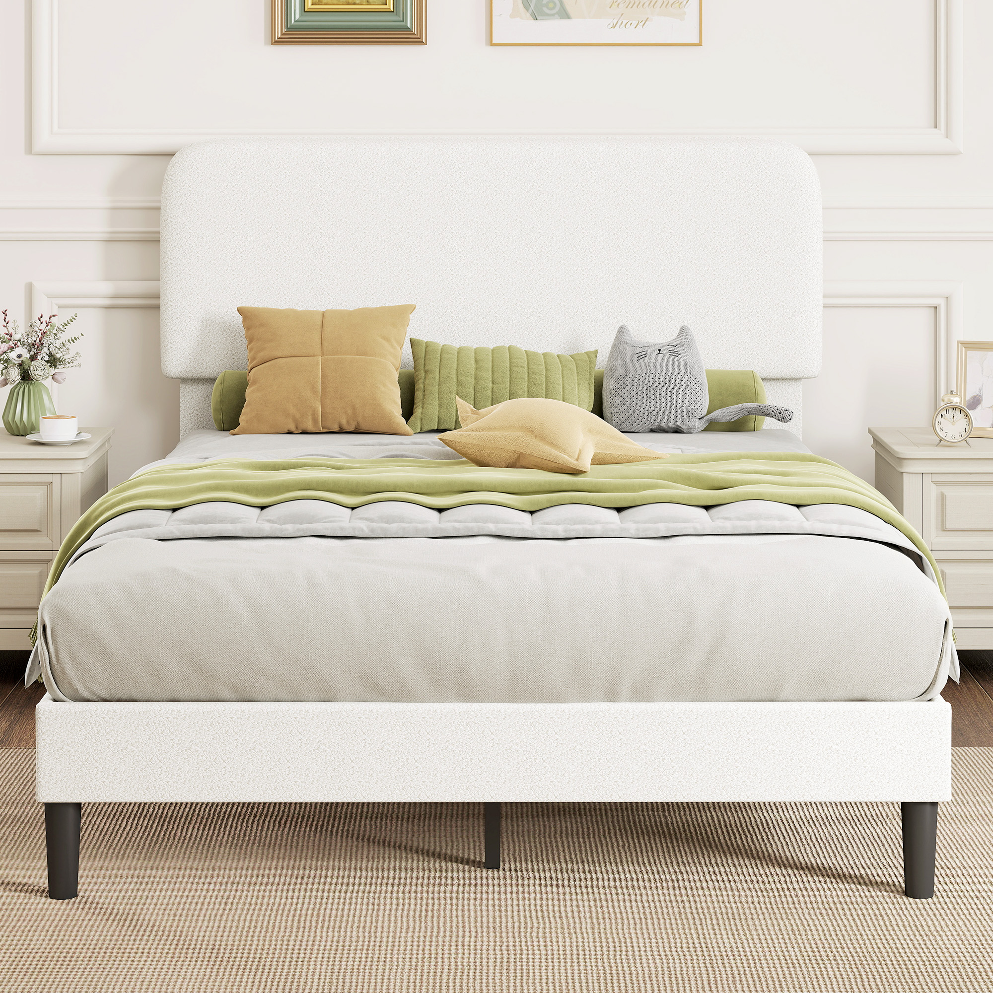 Einzelbettgestell mit Teddy-Fleece-gepolstertem Kopfteil, Metallbettgestell, einfache Montage, Weiß